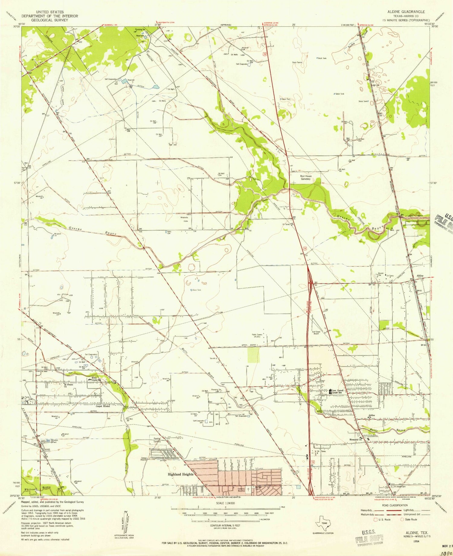Classic USGS Aldine Texas 7.5'x7.5' Topo Map Image