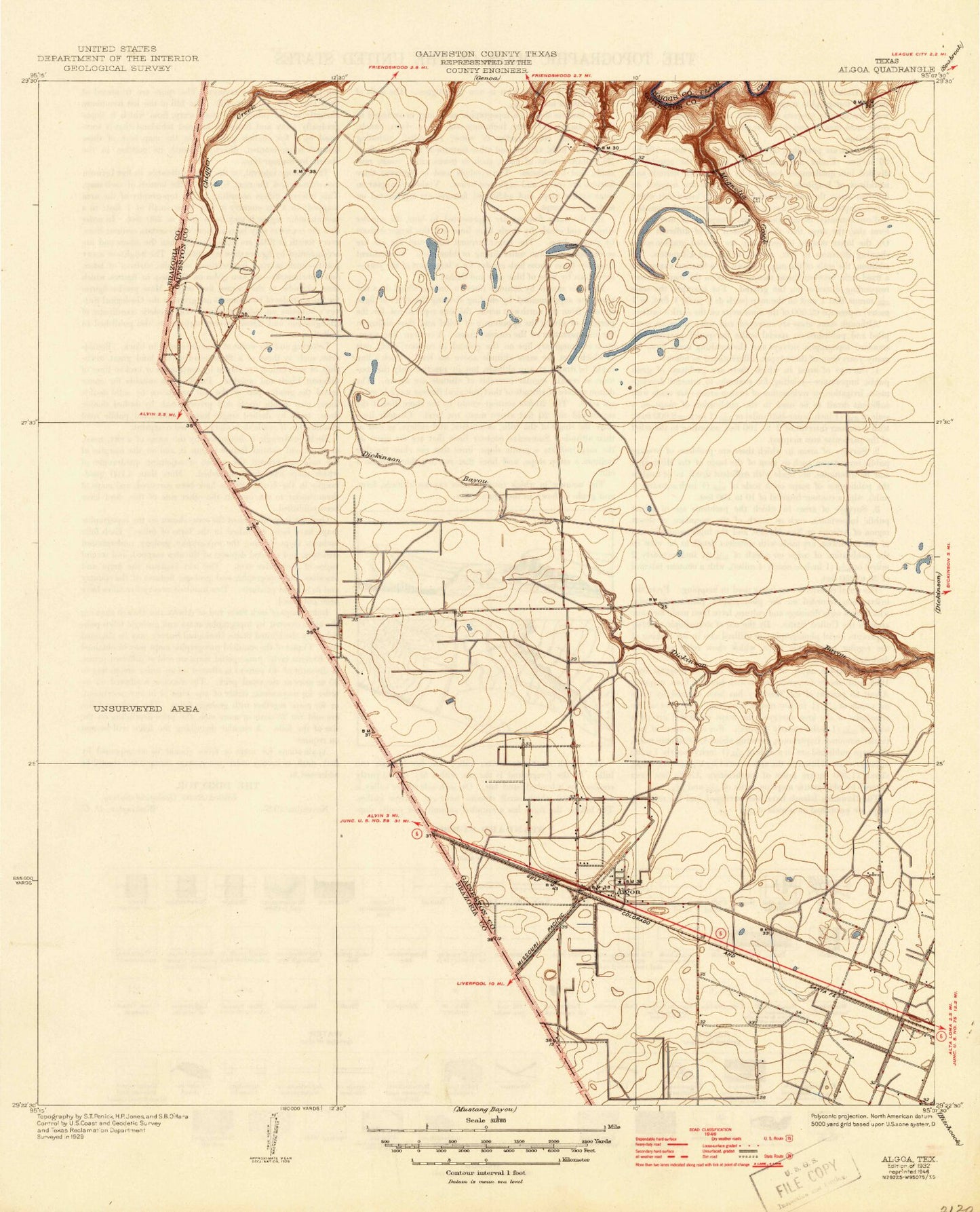 Classic USGS Algoa Texas 7.5'x7.5' Topo Map Image