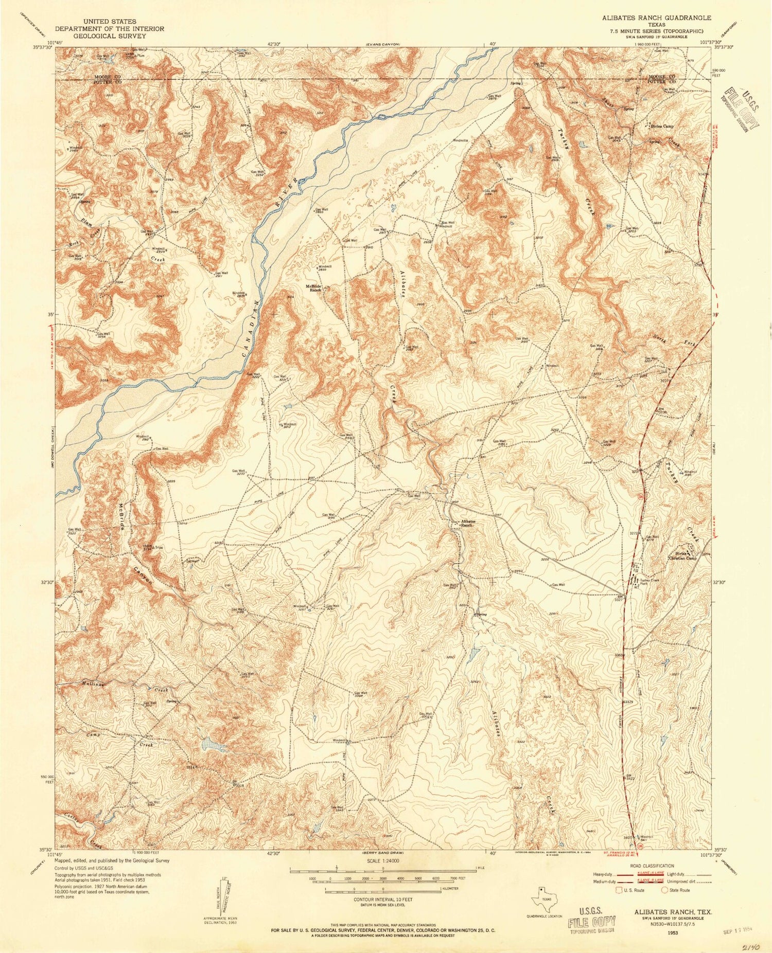 Classic USGS Alibates Ranch Texas 7.5'x7.5' Topo Map Image