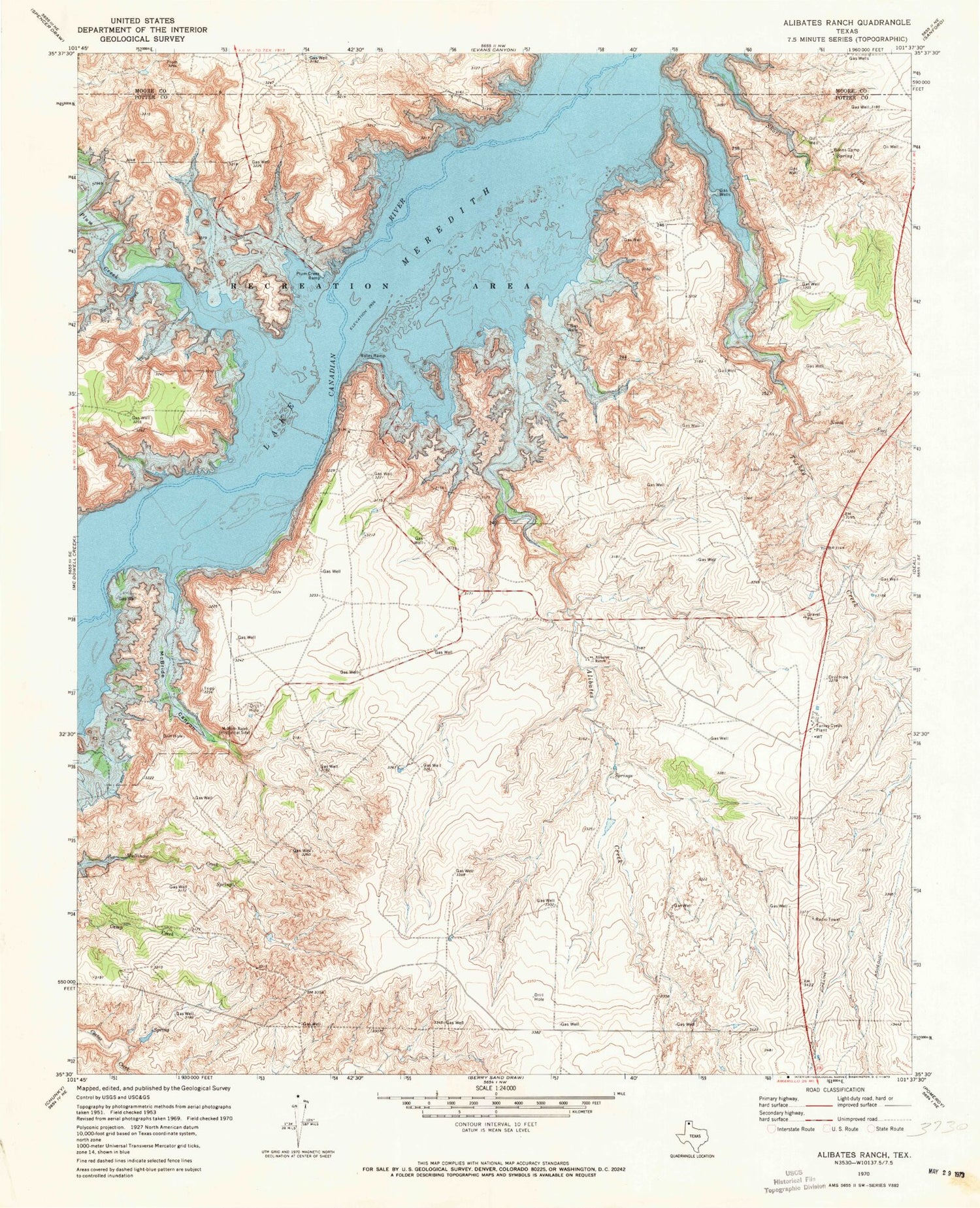 Classic USGS Alibates Ranch Texas 7.5'x7.5' Topo Map Image