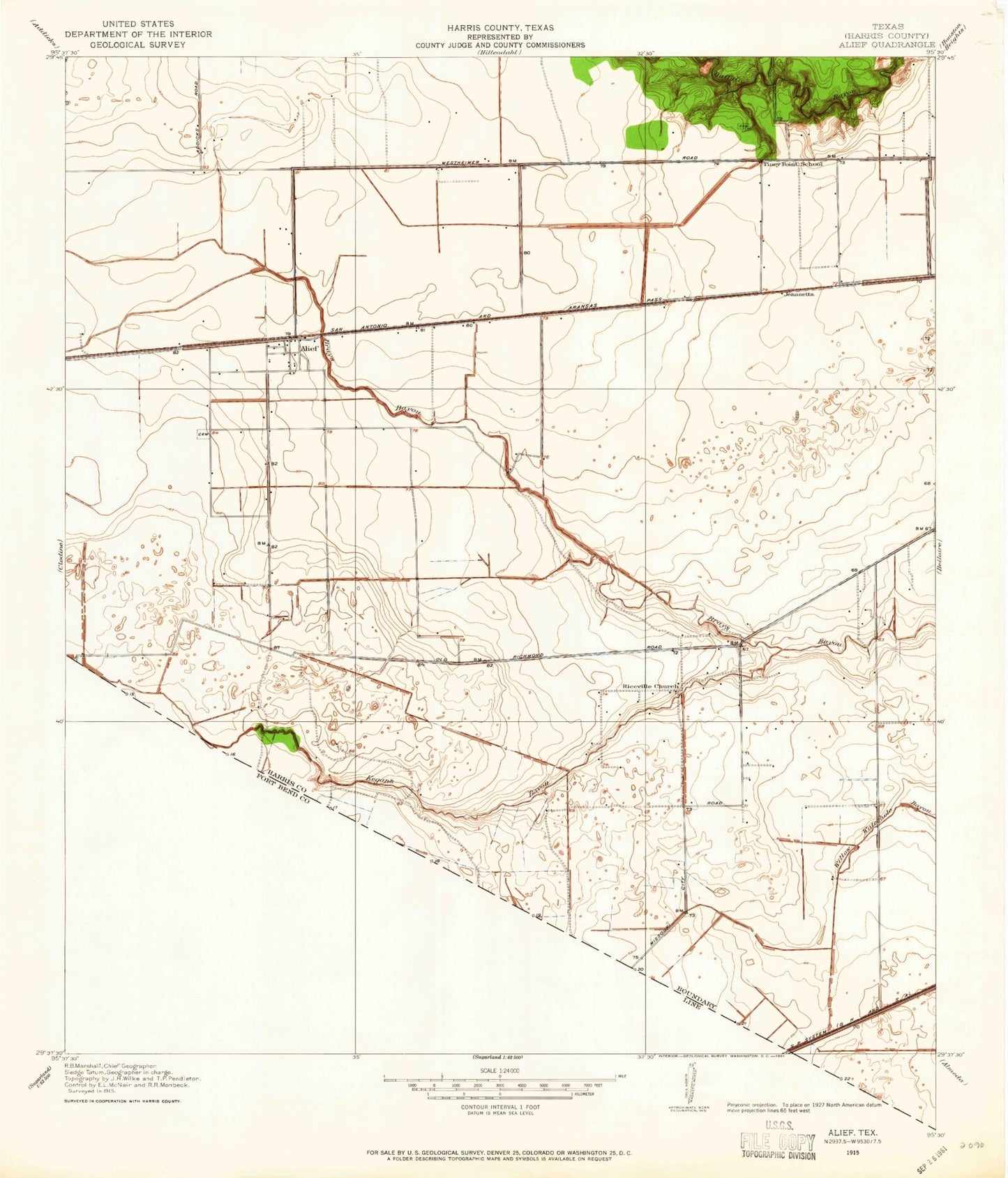 Classic USGS Alief Texas 7.5'x7.5' Topo Map Image