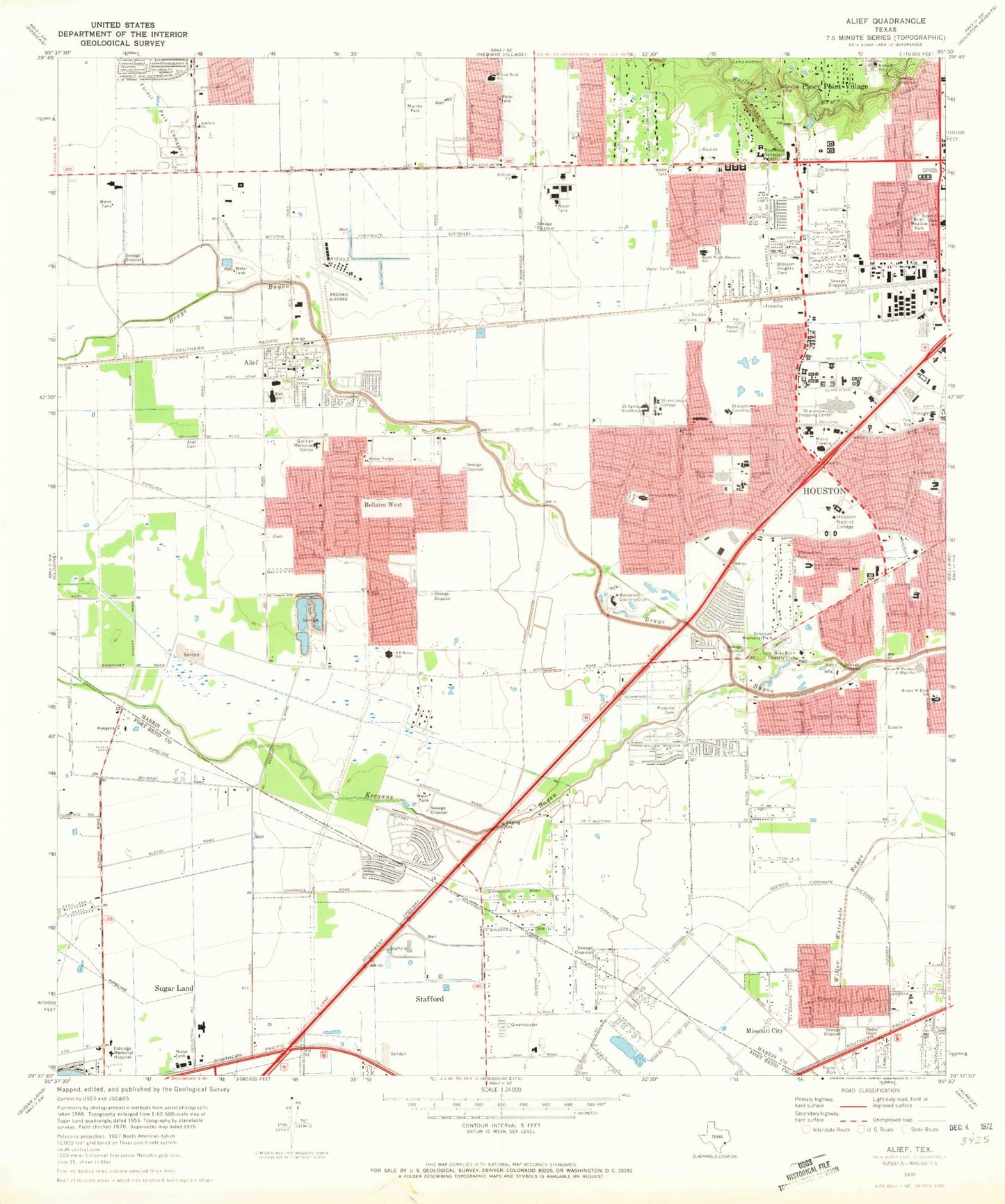 Classic USGS Alief Texas 7.5'x7.5' Topo Map Image