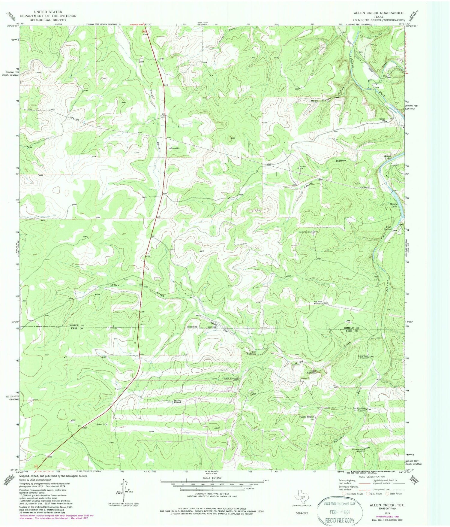Classic USGS Allen Creek Texas 7.5'x7.5' Topo Map Image