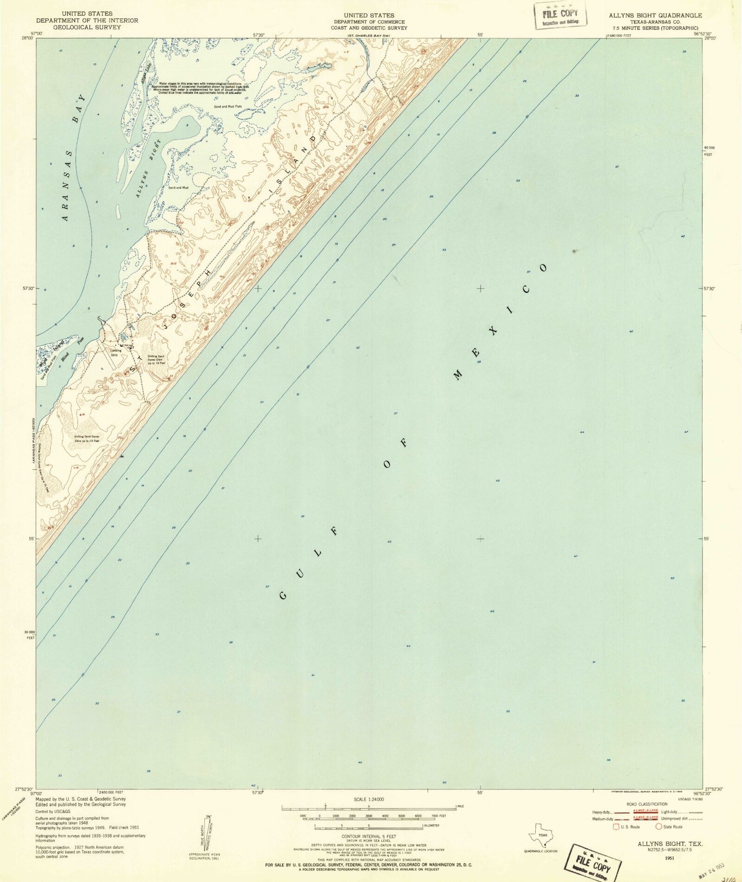 Classic USGS Allyns Bight Texas 7.5'x7.5' Topo Map Image