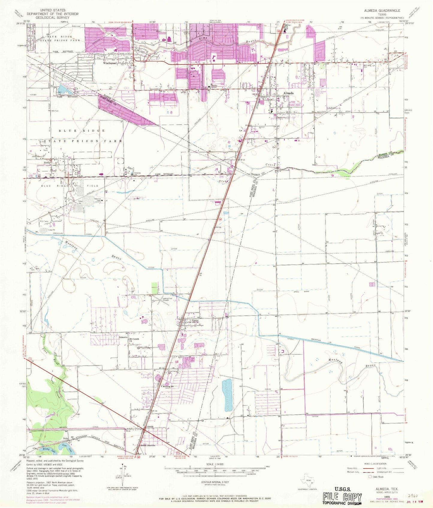 Classic USGS Almeda Texas 7.5'x7.5' Topo Map Image