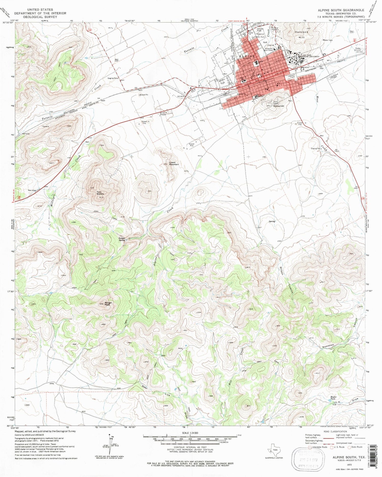 Classic USGS Alpine South Texas 7.5'x7.5' Topo Map Image