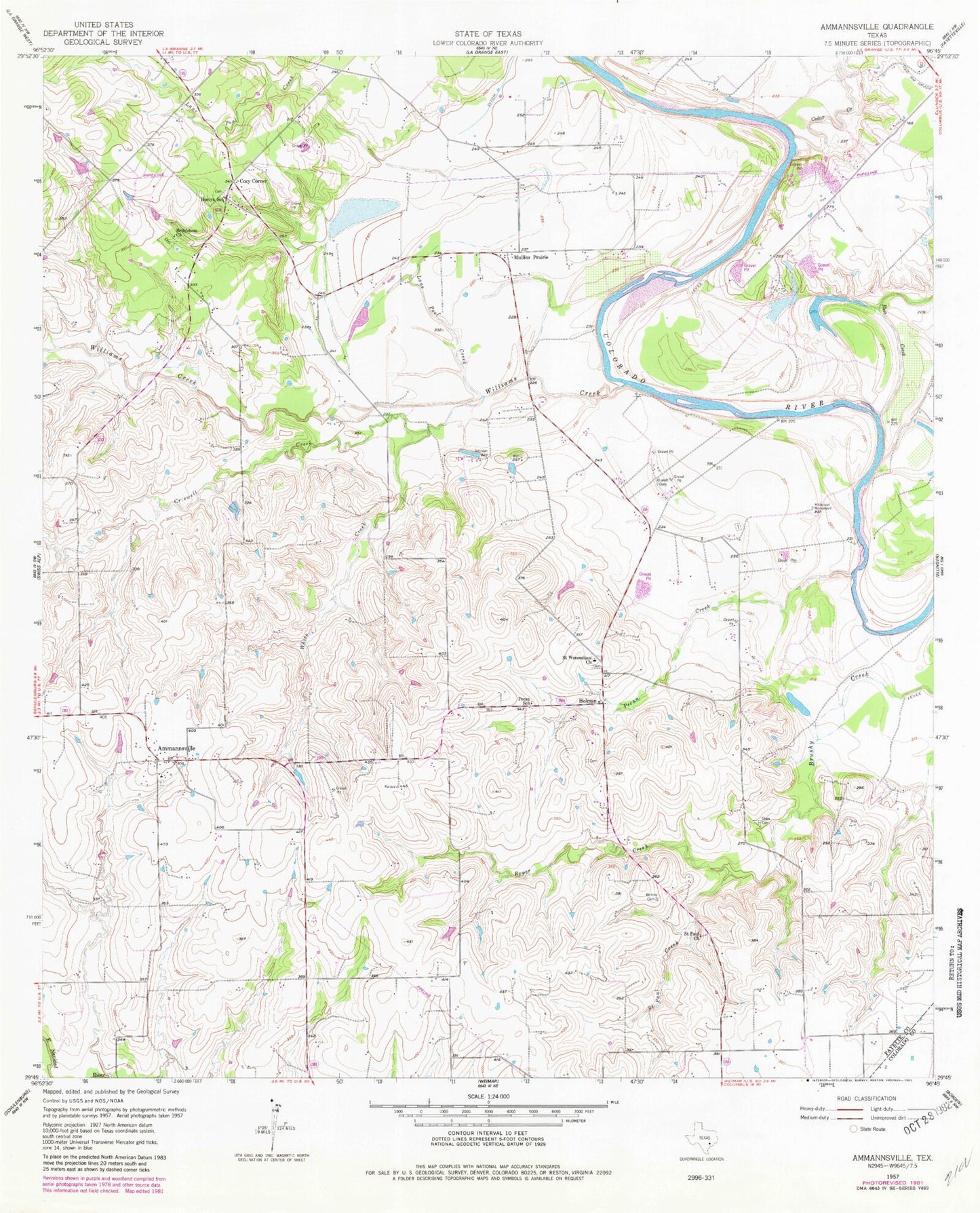 Classic USGS Ammannsville Texas 7.5'x7.5' Topo Map Image