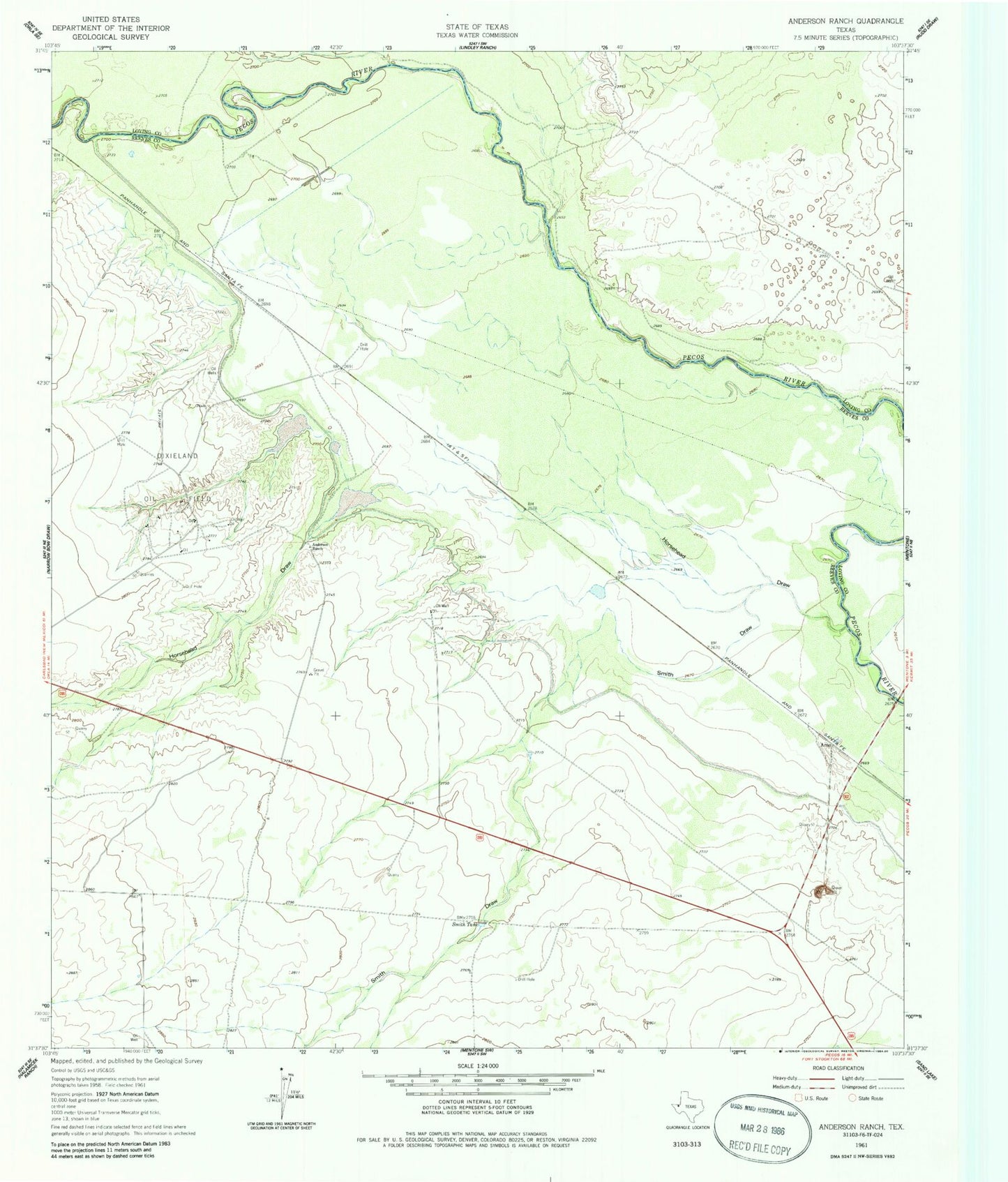 Classic USGS Anderson Ranch Texas 7.5'x7.5' Topo Map Image