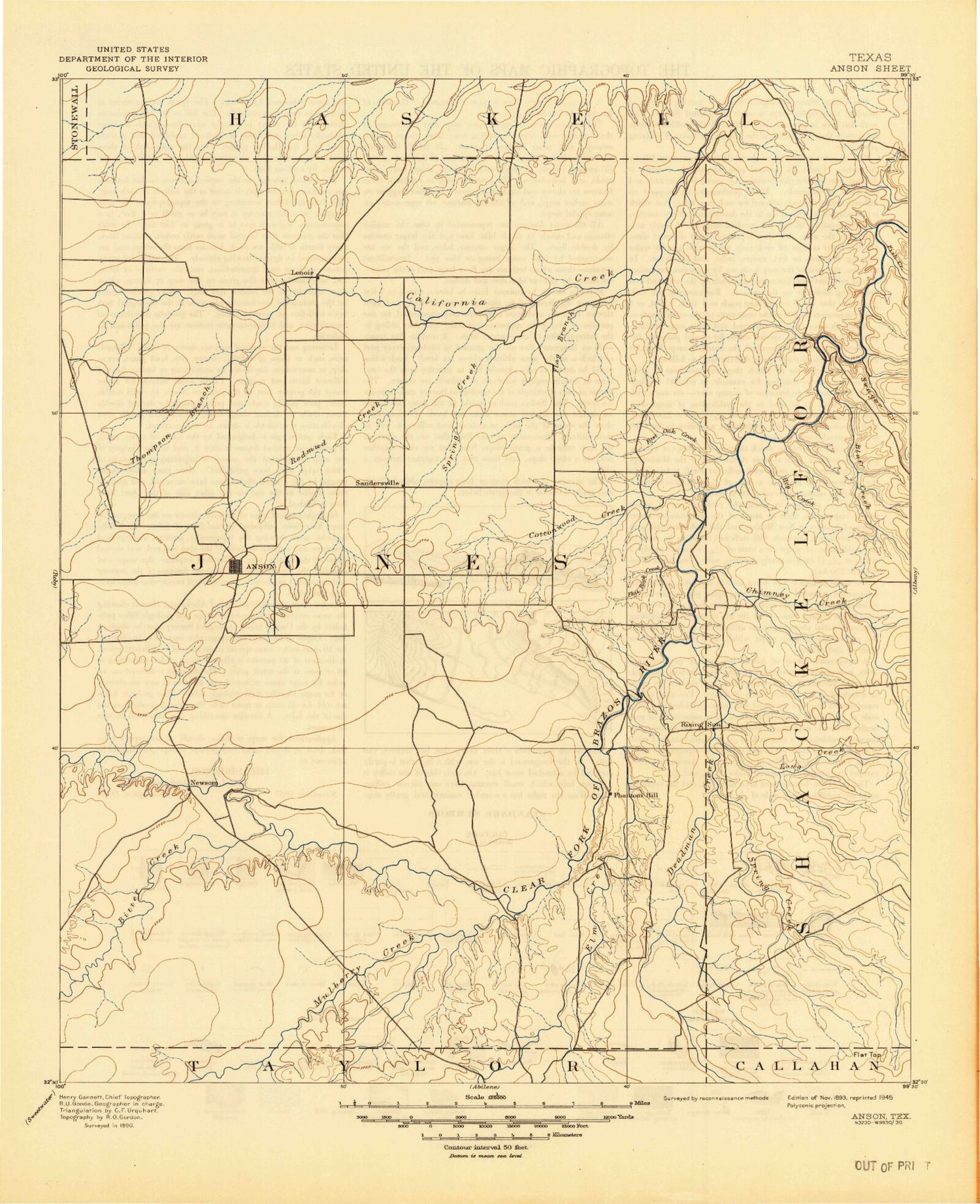 Historic 1893 Anson Texas 30'x30' Topo Map Image