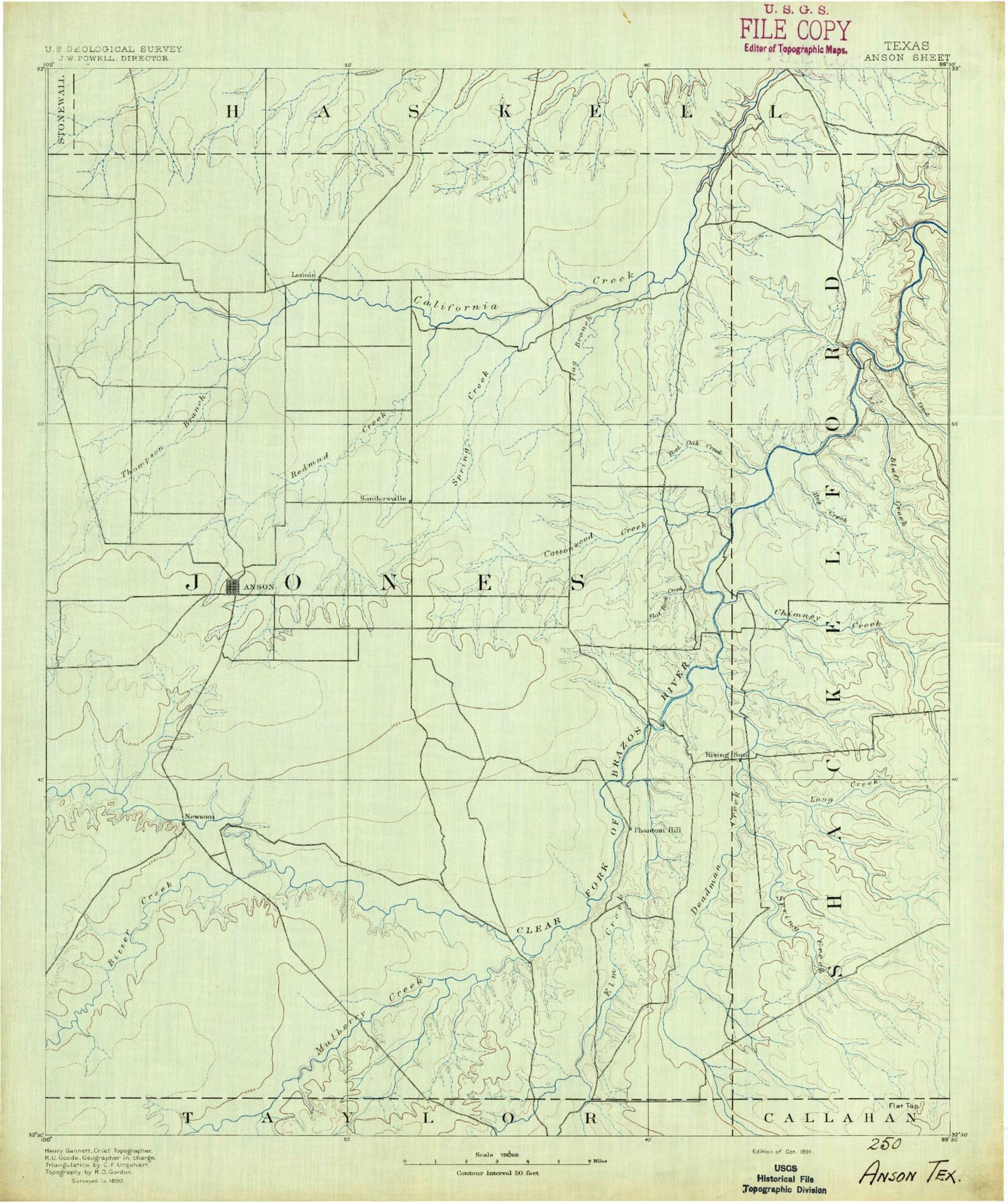 Historic 1891 Anson Texas 30'x30' Topo Map Image