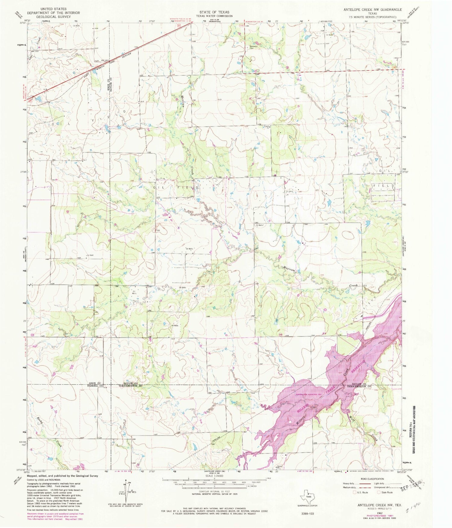 Classic USGS Antelope Creek NW Texas 7.5'x7.5' Topo Map Image