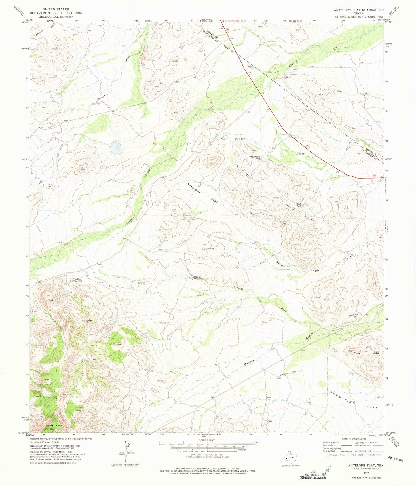Classic USGS Antelope Flat Texas 7.5'x7.5' Topo Map Image