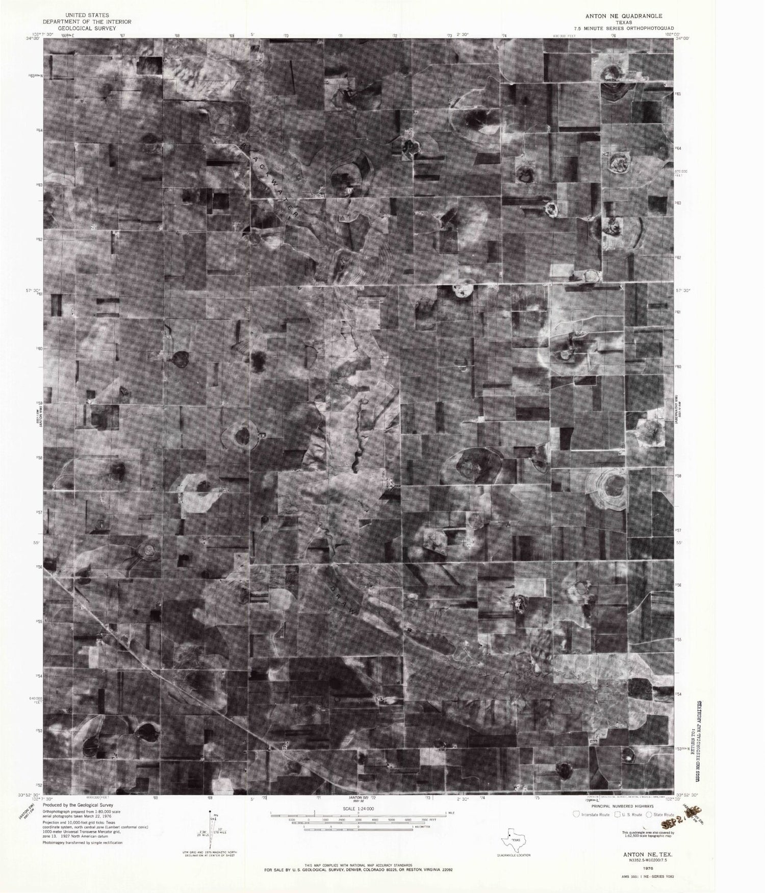 Classic USGS Anton NE Texas 7.5'x7.5' Topo Map Image