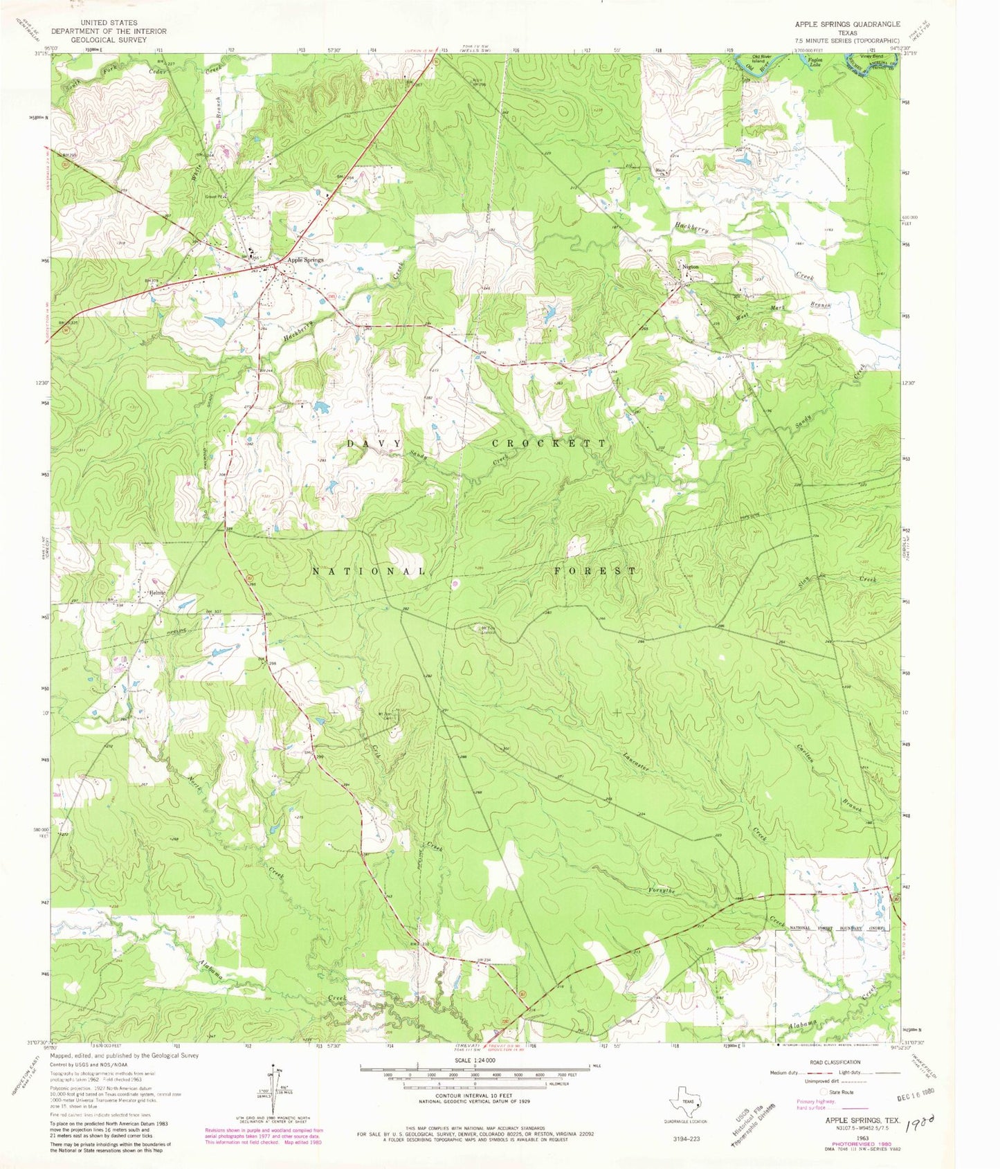 Classic USGS Apple Springs Texas 7.5'x7.5' Topo Map Image