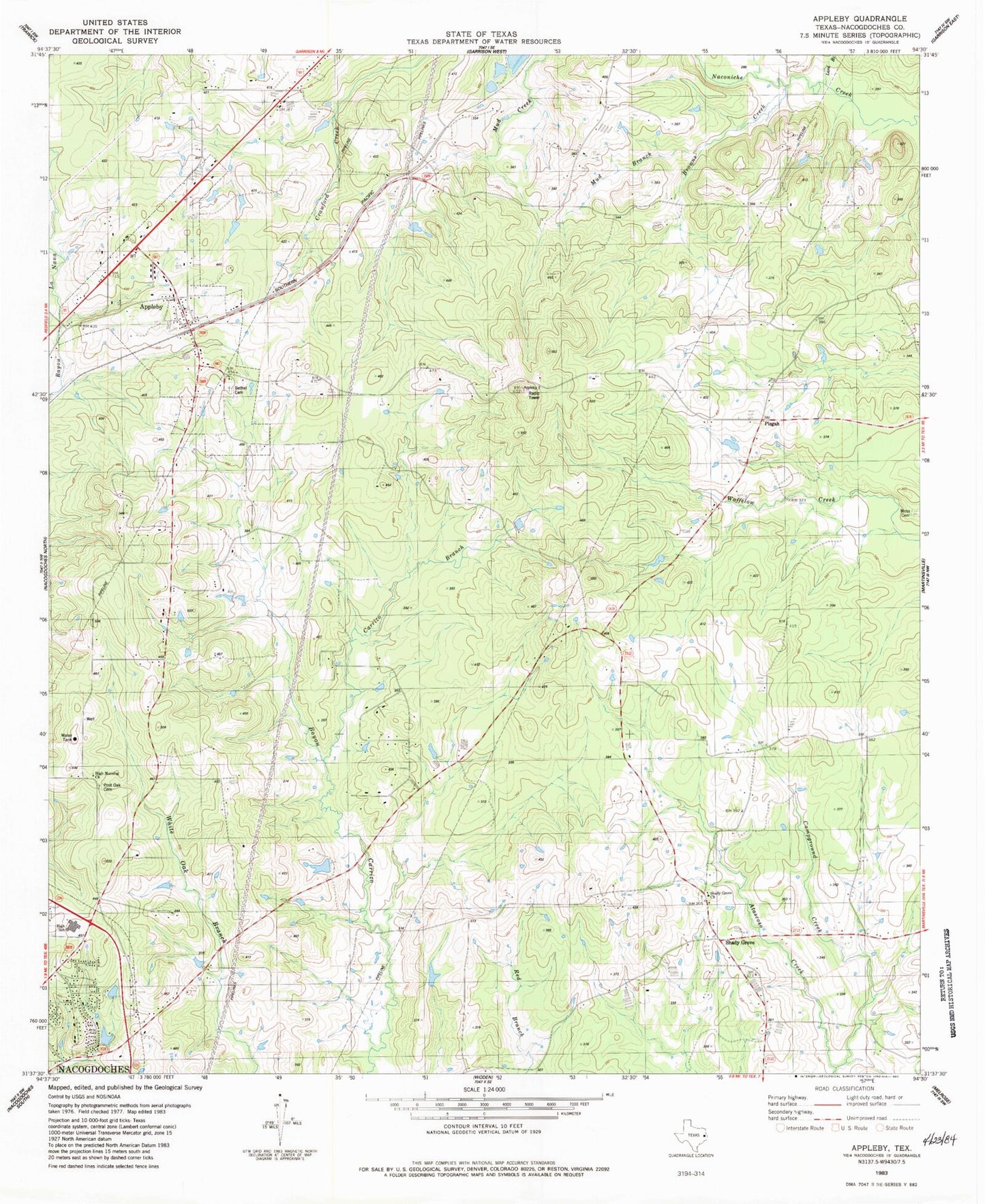 Classic USGS Appleby Texas 7.5'x7.5' Topo Map Image