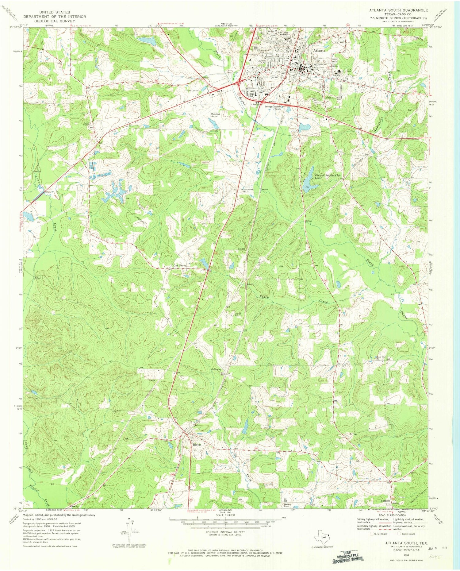 Classic USGS Atlanta South Texas 7.5'x7.5' Topo Map Image