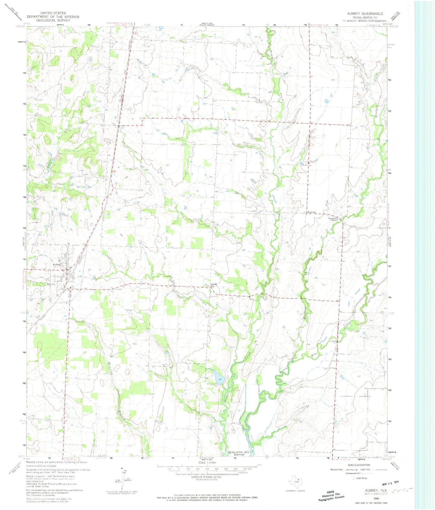 Classic USGS Aubrey Texas 7.5'x7.5' Topo Map Image