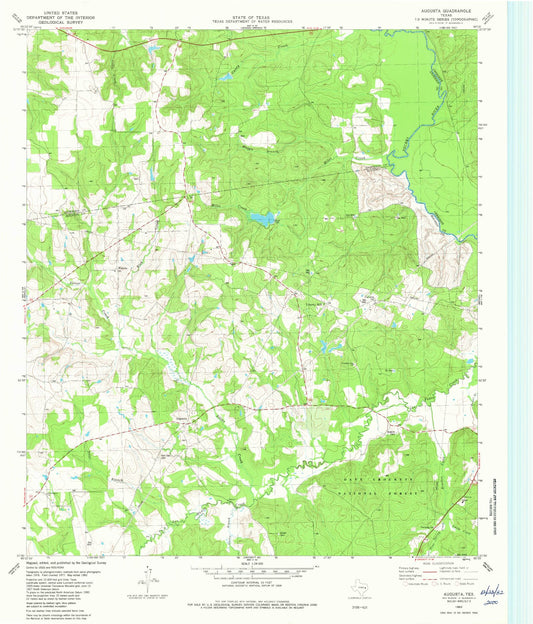 Classic USGS Augusta Texas 7.5'x7.5' Topo Map Image