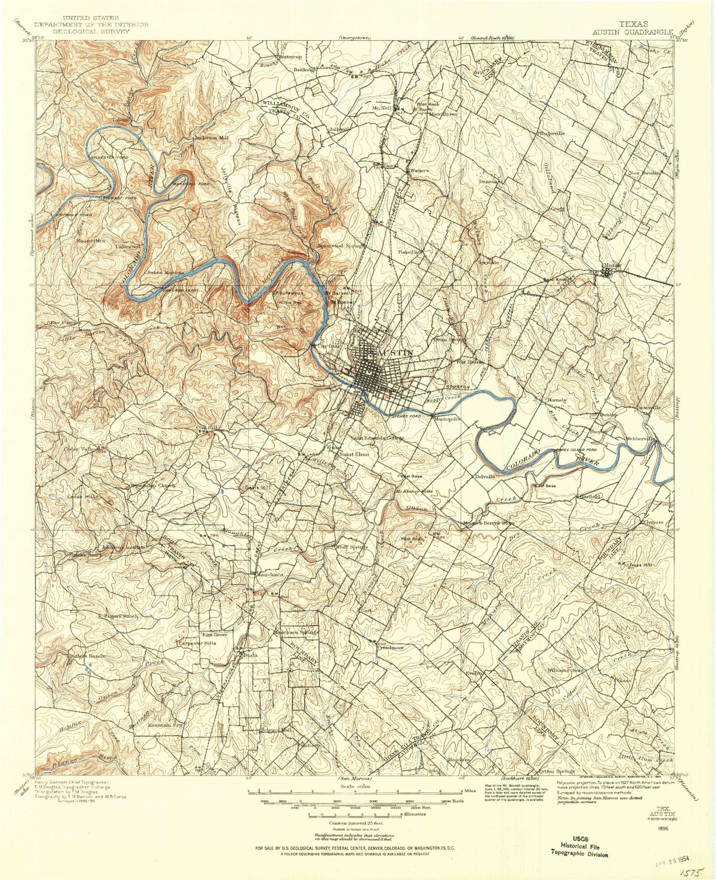 Historic 1896 Austin Texas 30'x30' Topo Map Image