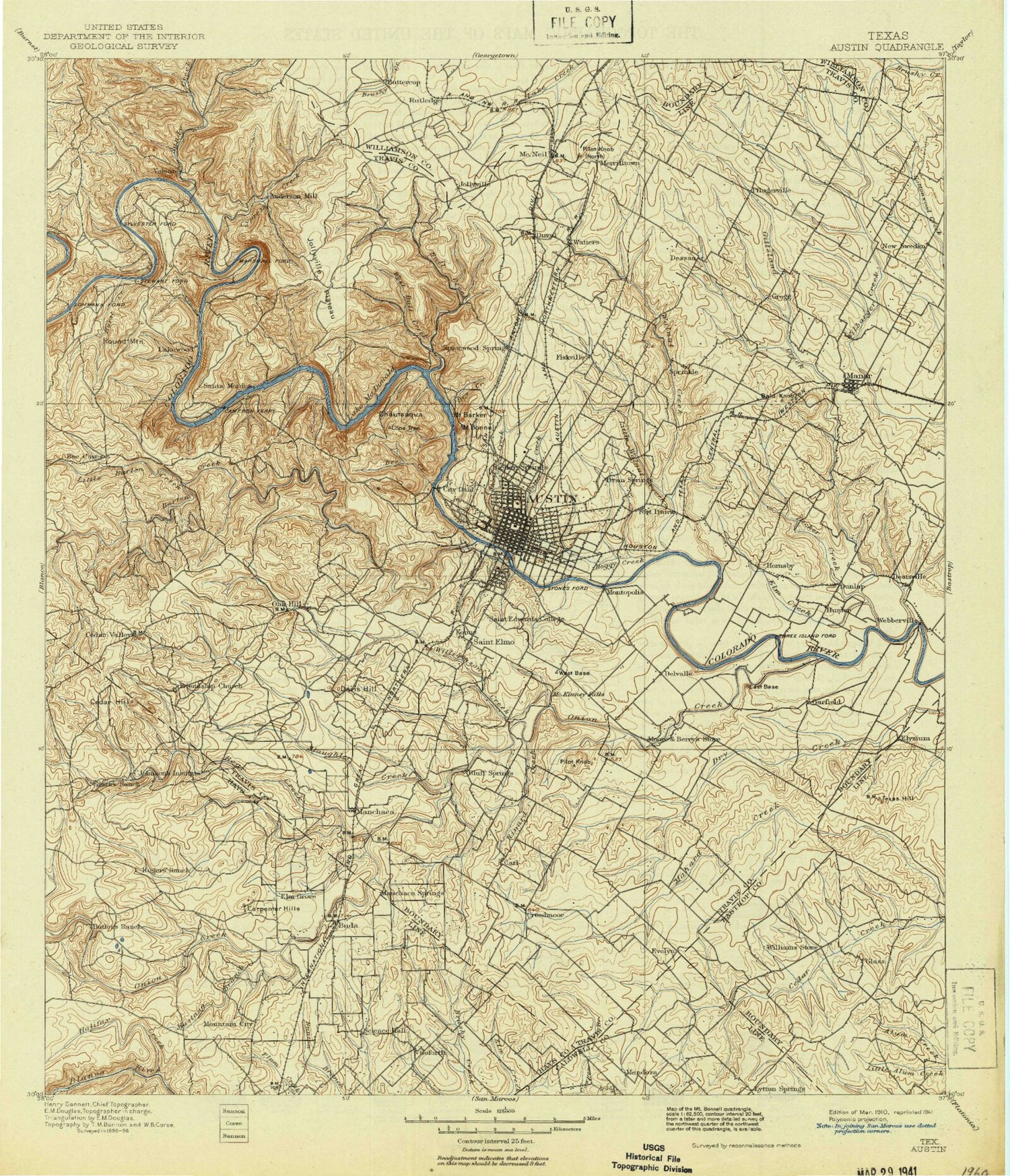 Historic 1910 Austin Texas 30'x30' Topo Map Image