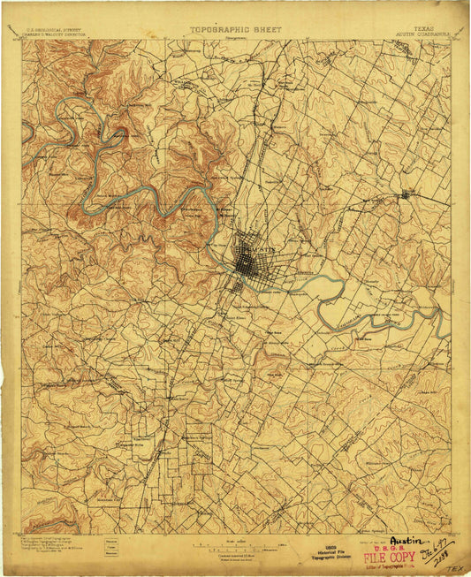 Historic 1897 Austin Texas 30'x30' Topo Map Image