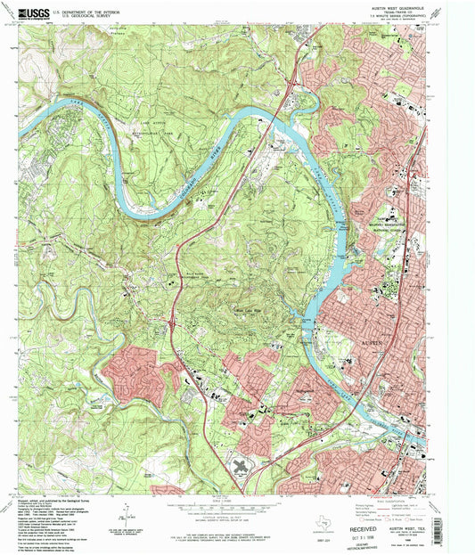 Classic USGS Austin West Texas 7.5'x7.5' Topo Map Image