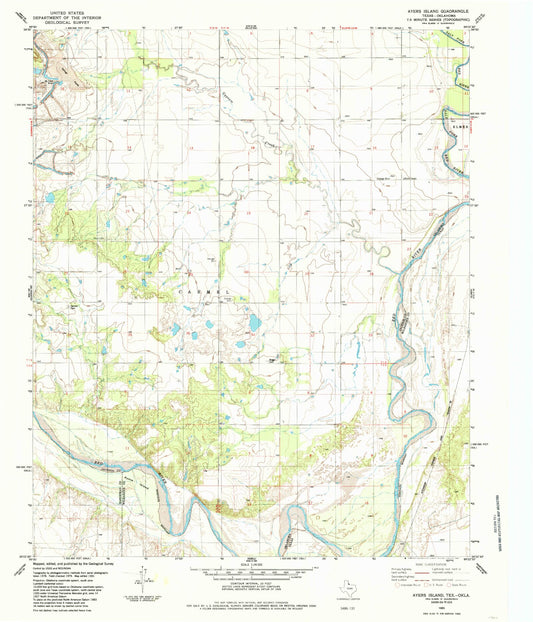 Classic USGS Ayers Island Texas 7.5'x7.5' Topo Map Image
