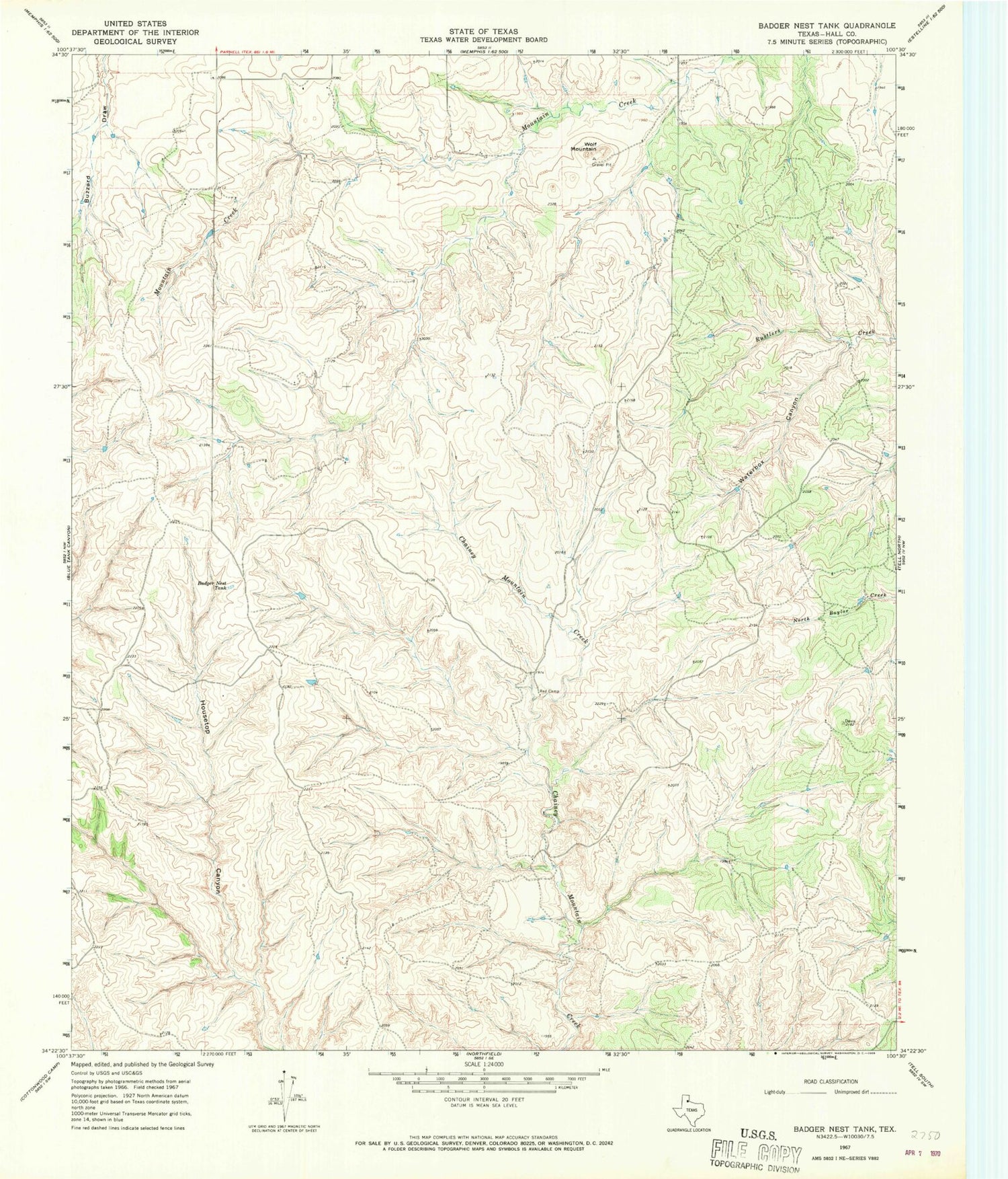 Classic USGS Badger Nest Tank Texas 7.5'x7.5' Topo Map Image