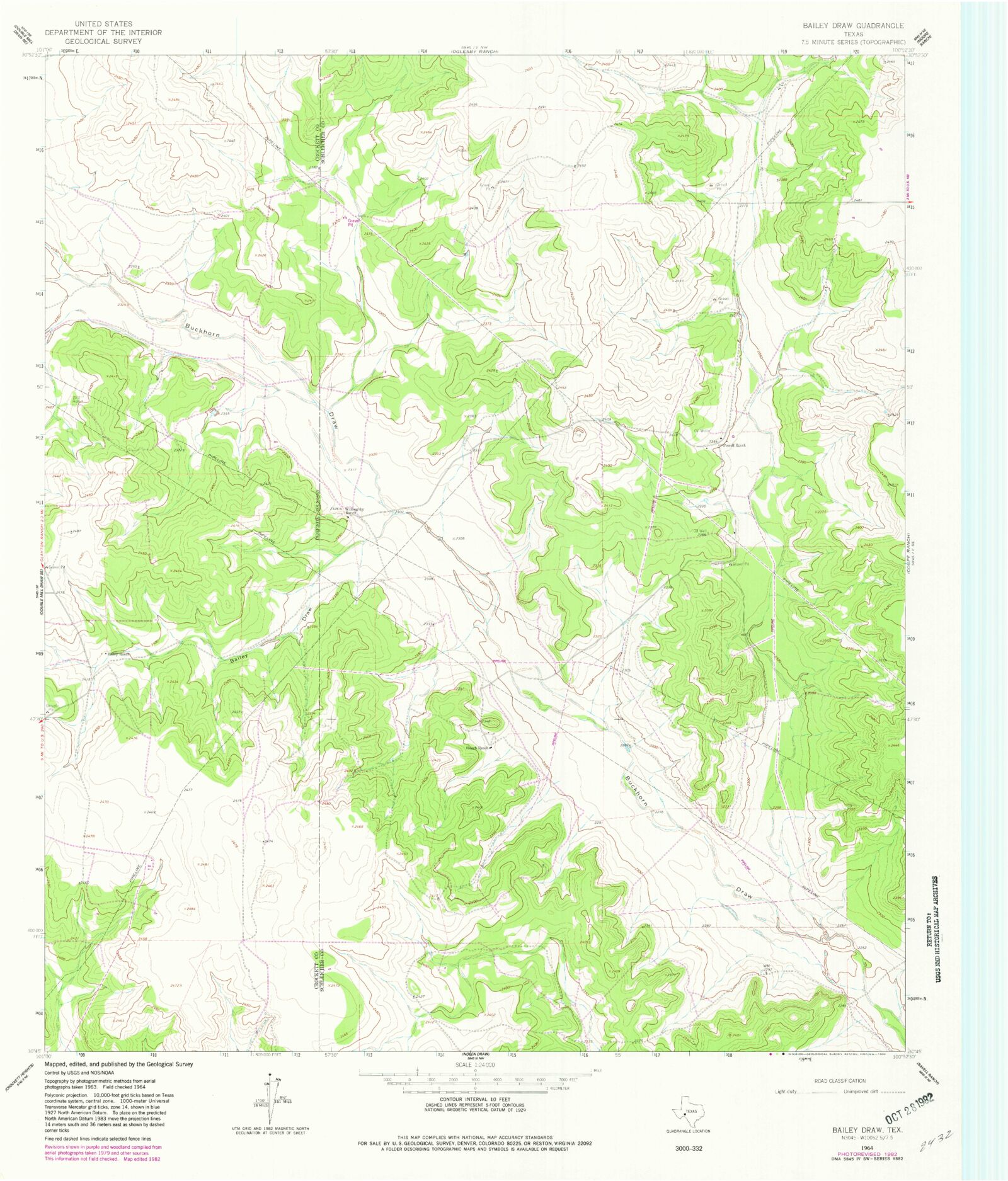 Classic USGS Bailey Draw Texas 7.5'x7.5' Topo Map – MyTopo Map Store