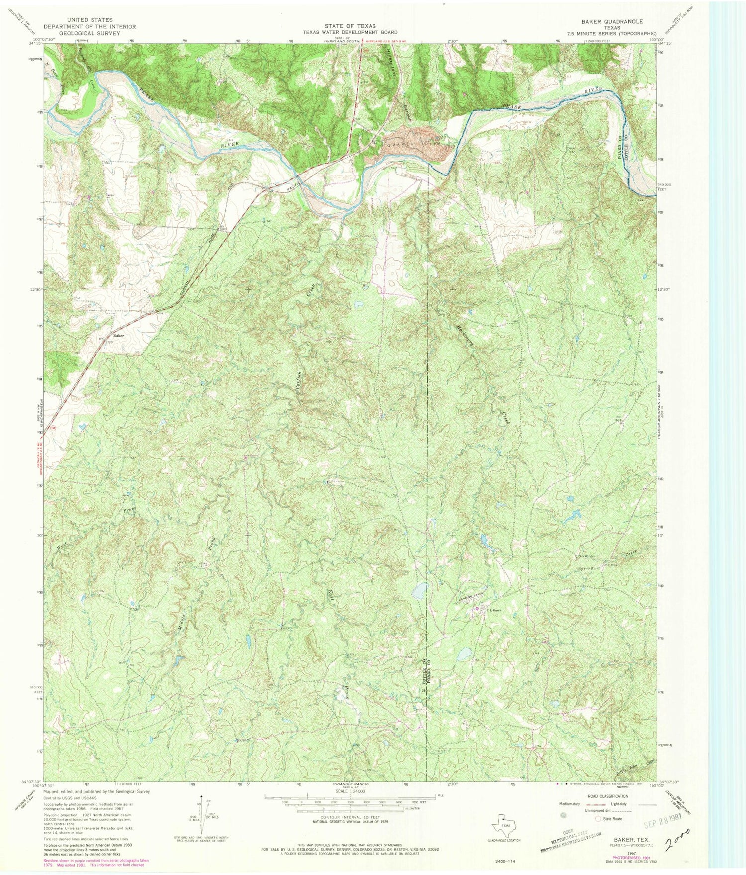 Classic USGS Baker Texas 7.5'x7.5' Topo Map Image