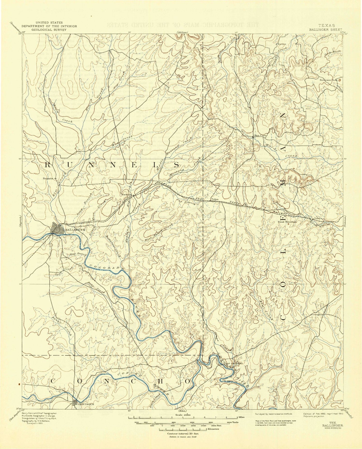 Historic 1892 Ballinger Texas 30'x30' Topo Map Image