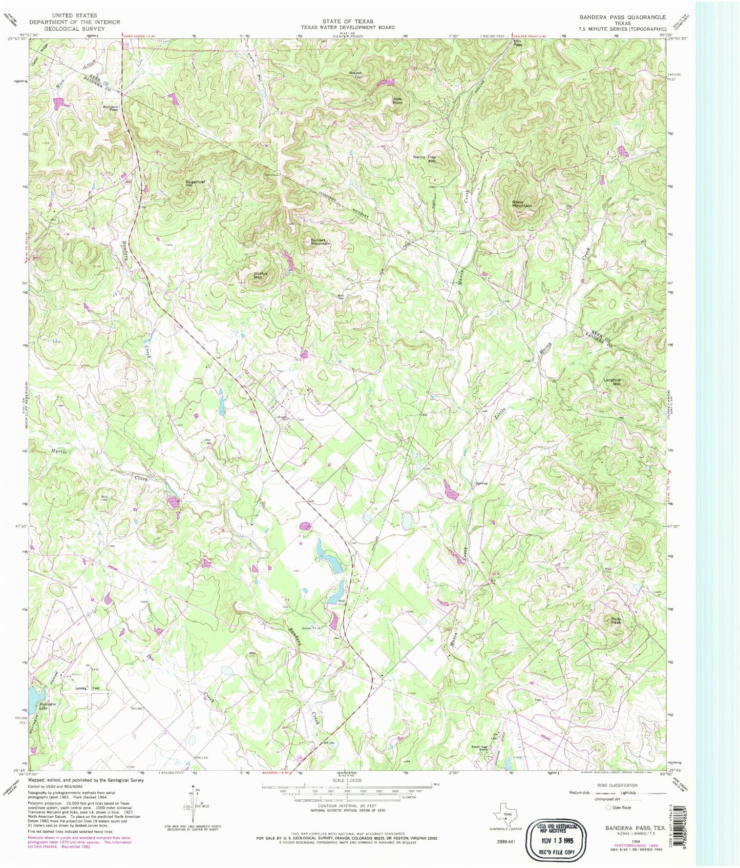 Classic USGS Bandera Pass Texas 7.5'x7.5' Topo Map Image