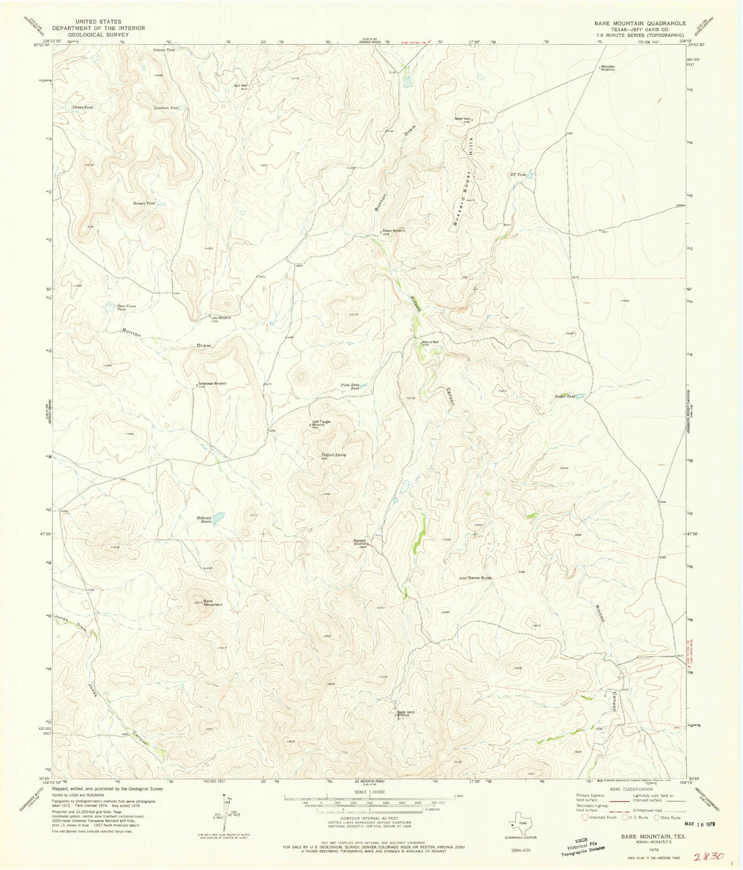 Classic USGS Bare Mountain Texas 7.5'x7.5' Topo Map Image