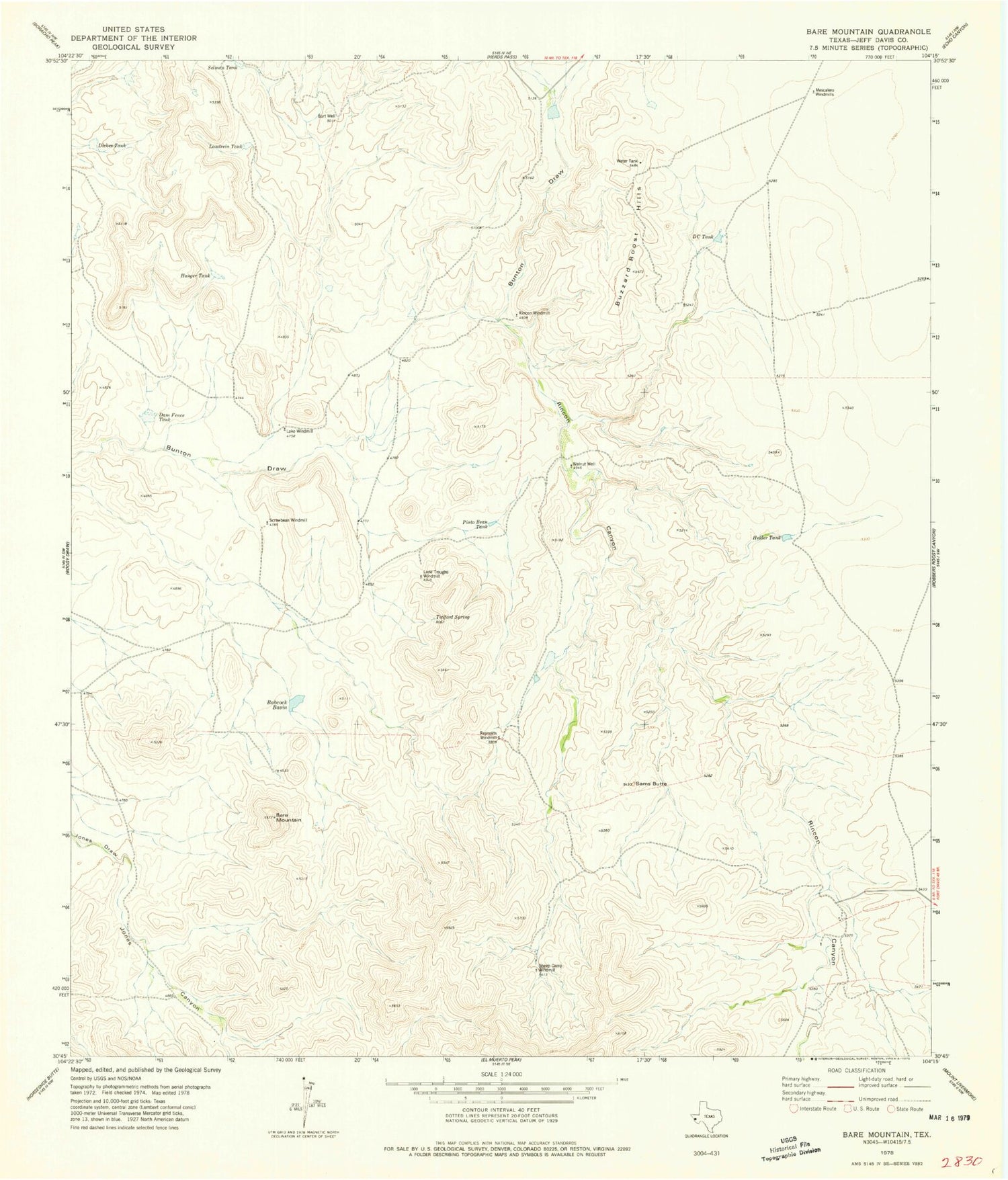 Classic USGS Bare Mountain Texas 7.5'x7.5' Topo Map Image