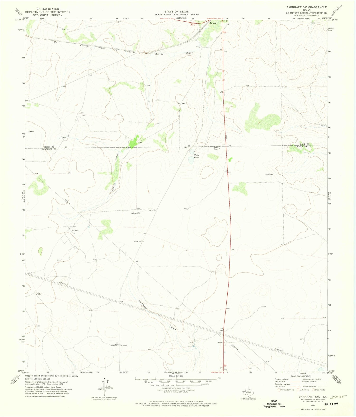 Classic USGS Barnhart SW Texas 7.5'x7.5' Topo Map Image