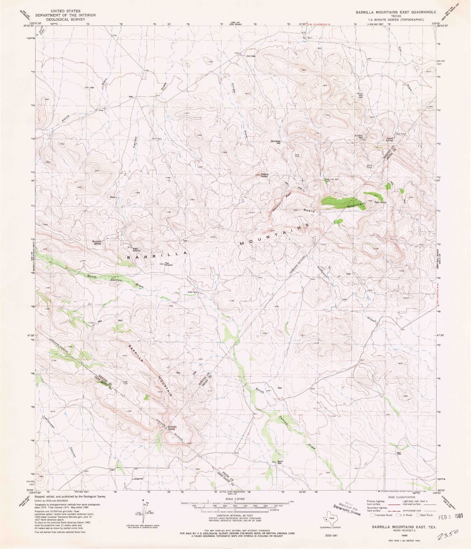 Classic USGS Barrilla Mountains East Texas 7.5'x7.5' Topo Map Image