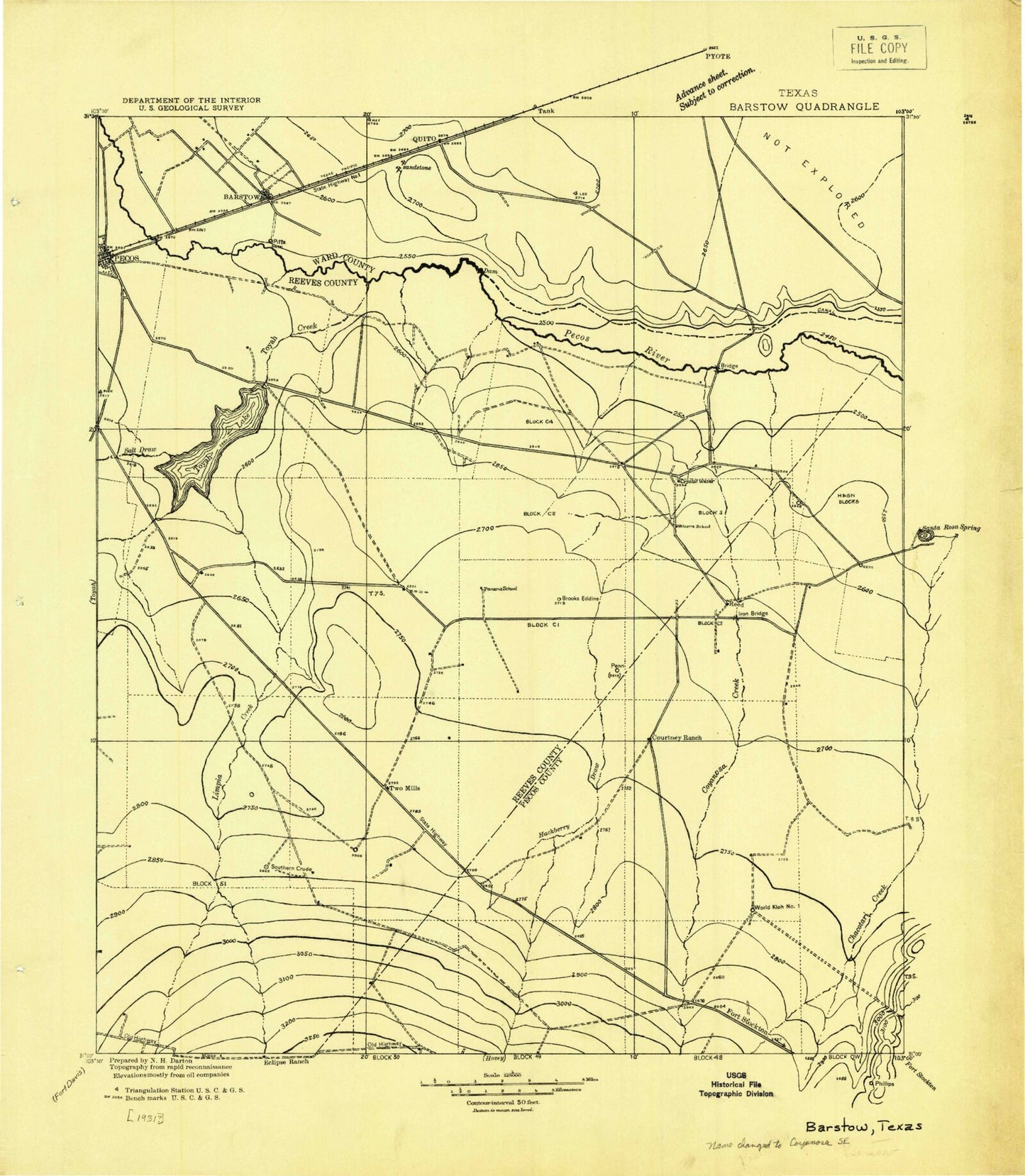 Historic 1931 Barstow Texas 30'x30' Topo Map Image