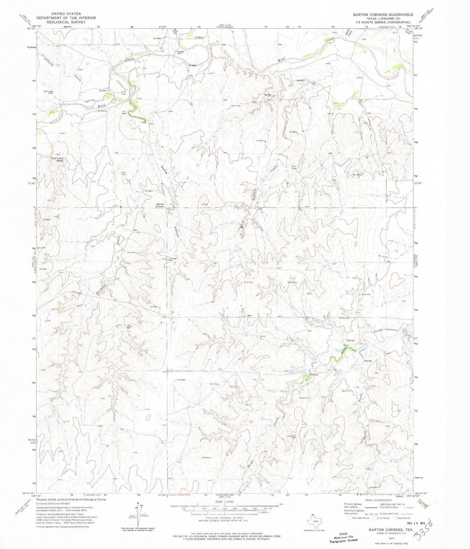 Classic USGS Barton Corners Texas 7.5'x7.5' Topo Map Image