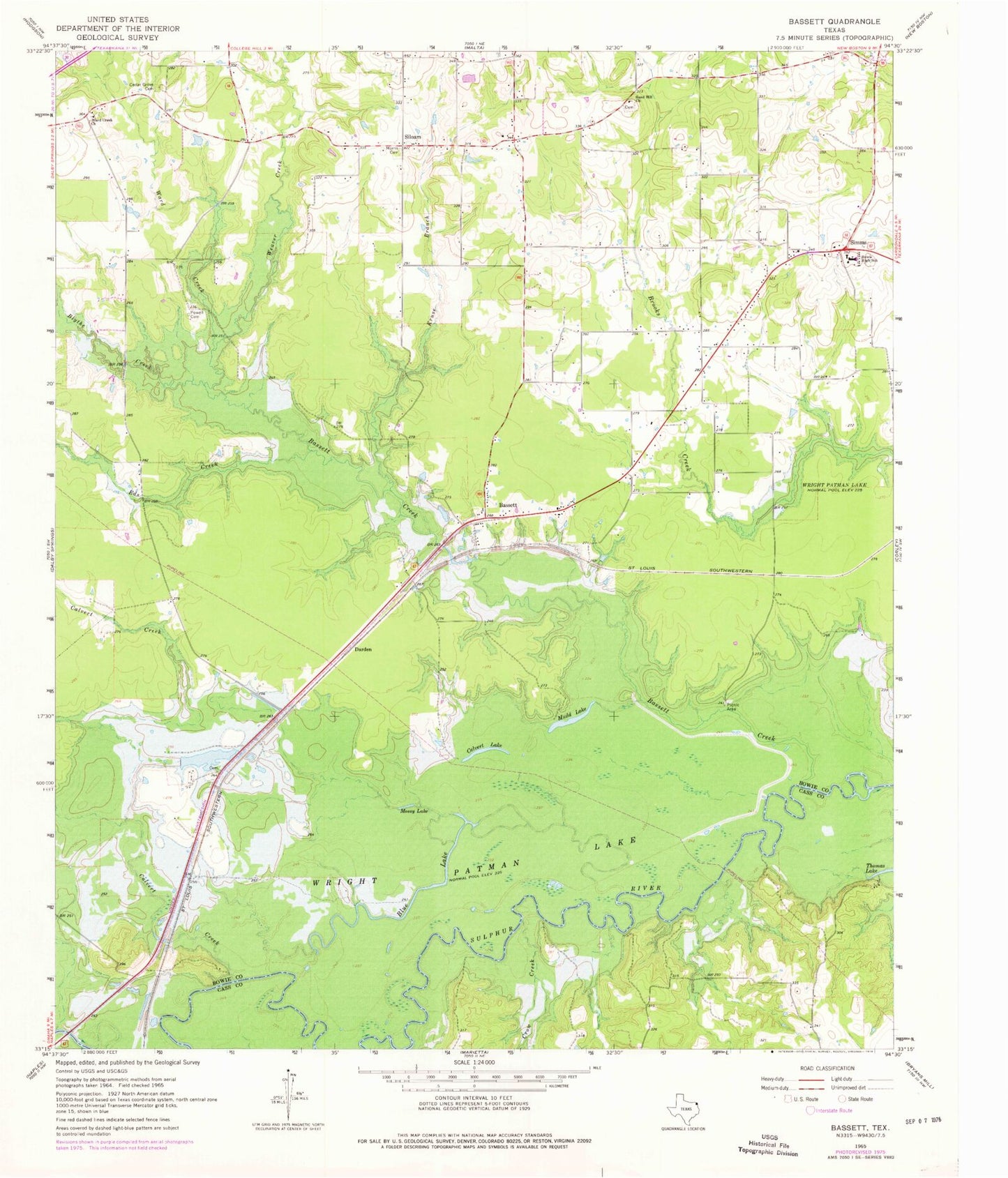 Classic USGS Bassett Texas 7.5'x7.5' Topo Map Image