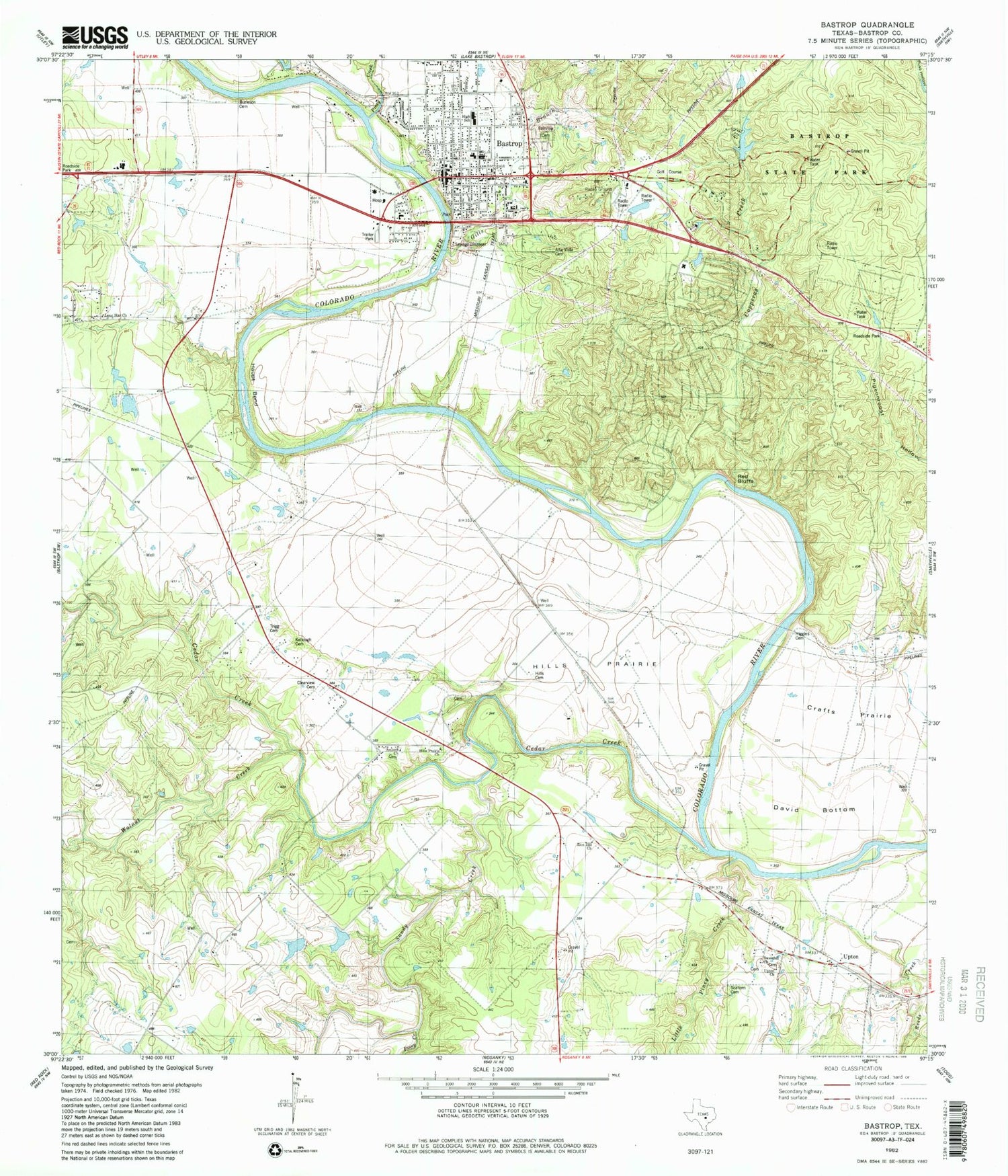 Classic USGS Bastrop Texas 7.5'x7.5' Topo Map Image