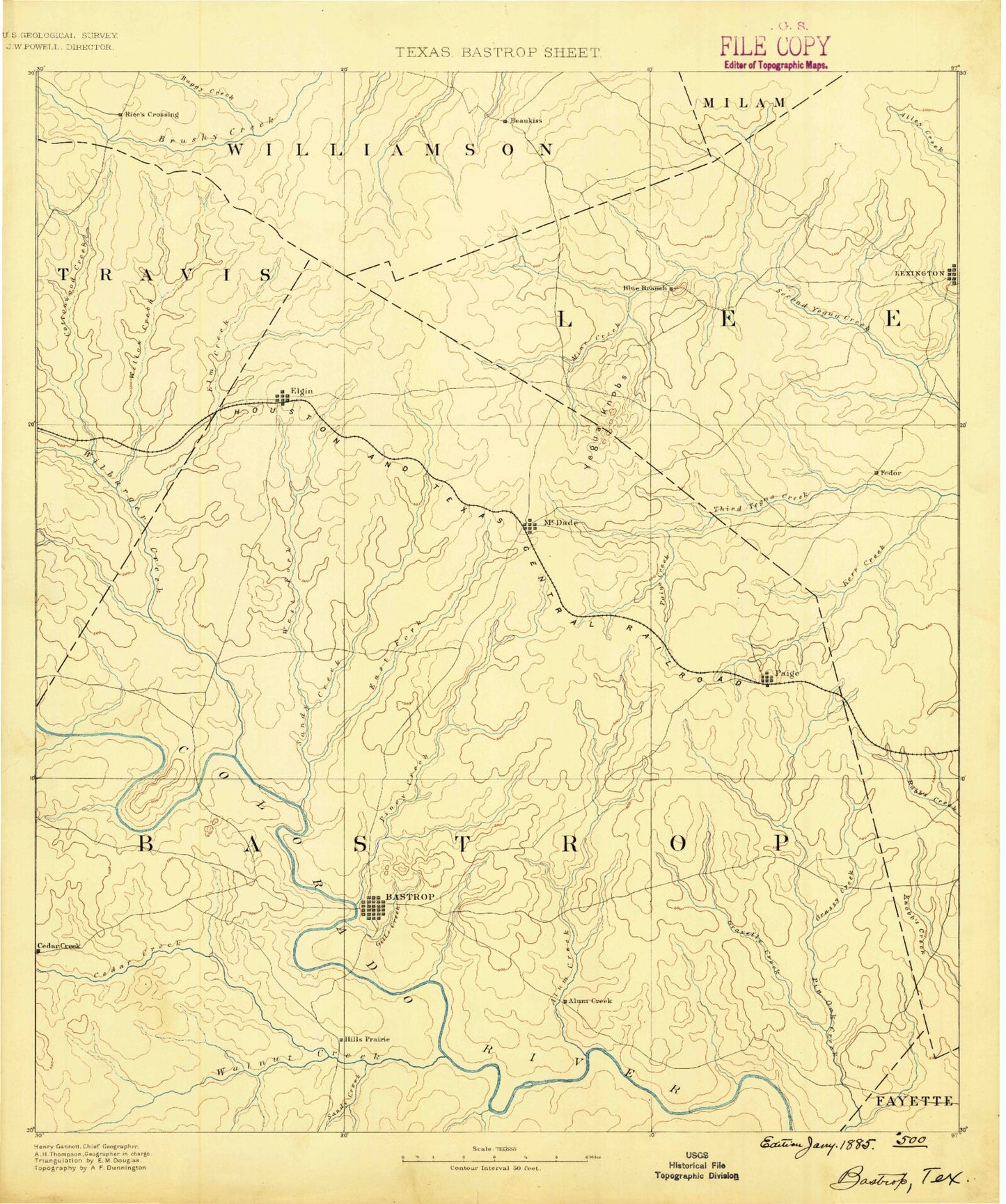 Historic 1885 Bastrop Texas 30'x30' Topo Map Image