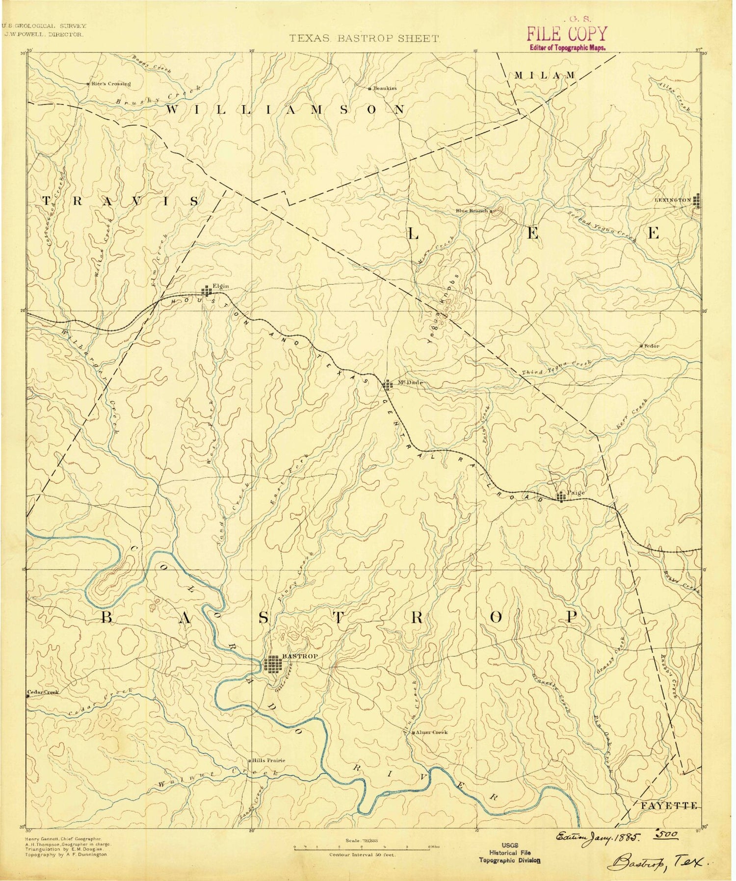 Historic 1885 Bastrop Texas 30'x30' Topo Map Image