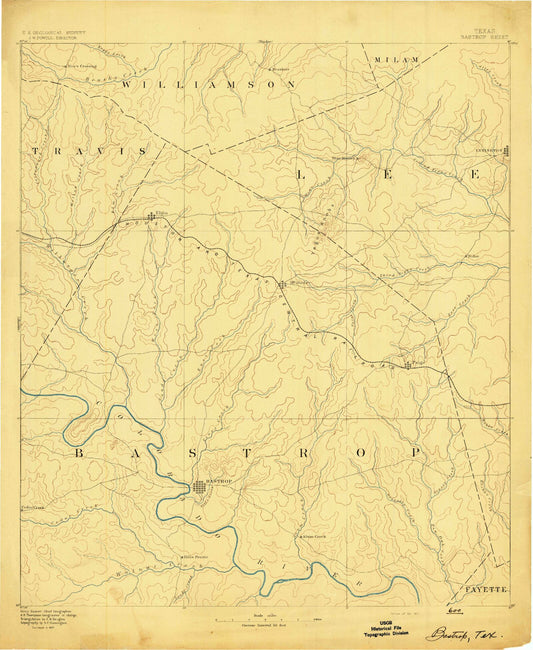 Historic 1893 Bastrop Texas 30'x30' Topo Map Image