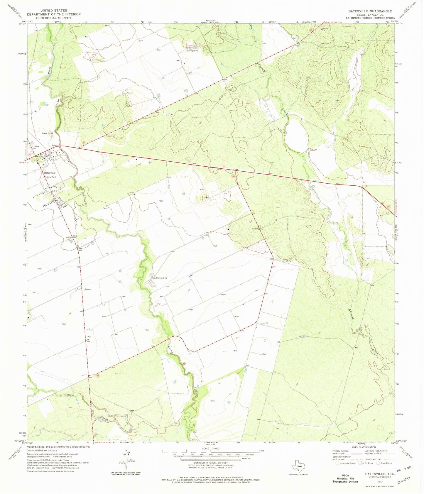 Classic USGS Batesville Texas 7.5'x7.5' Topo Map Image