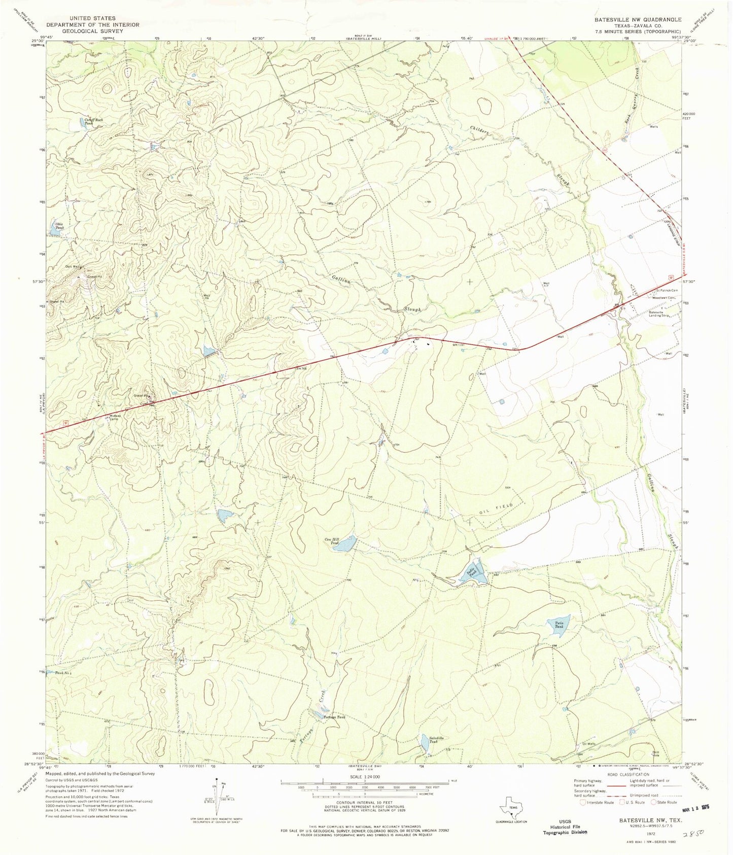 Classic USGS Batesville NW Texas 7.5'x7.5' Topo Map Image