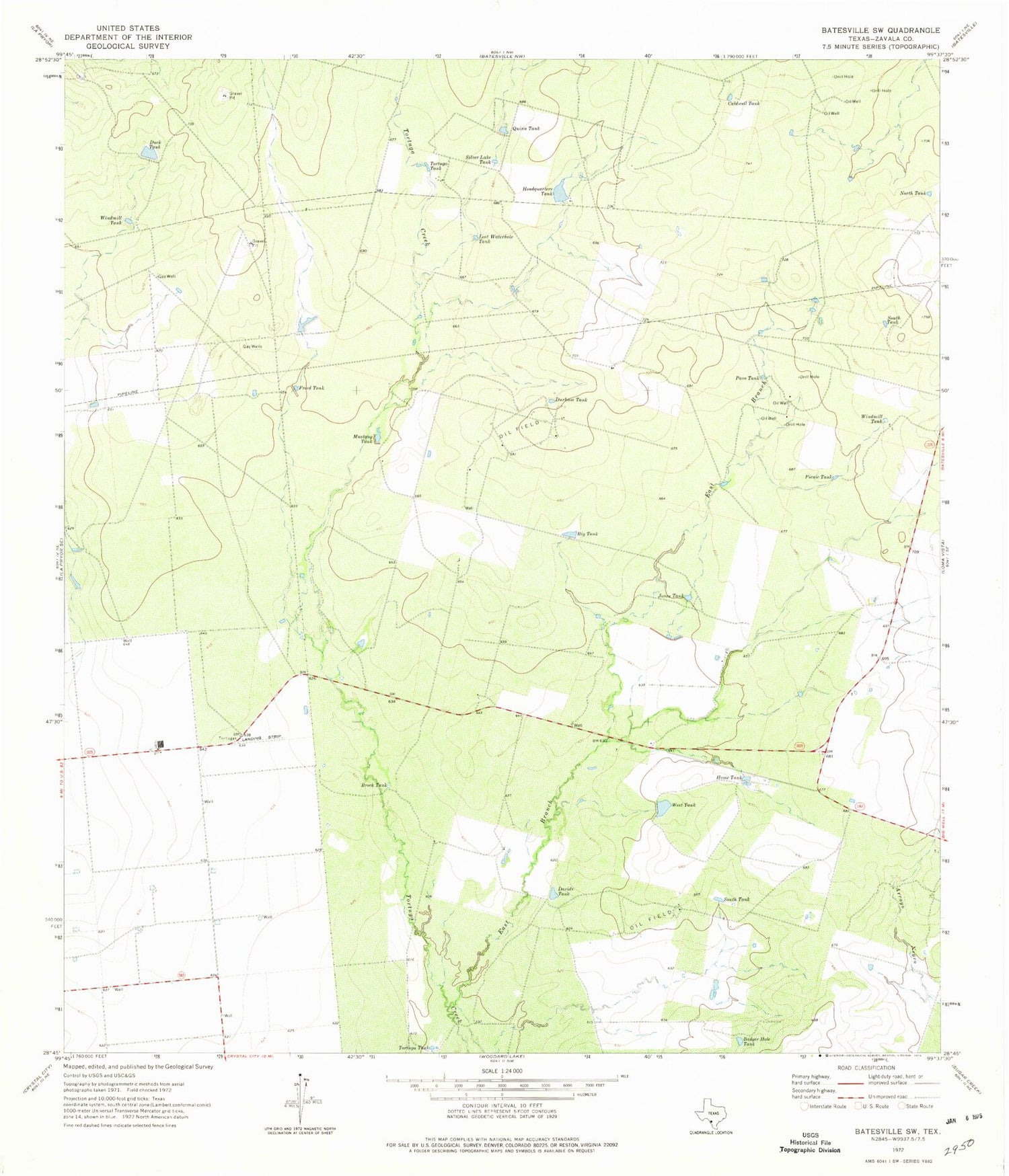 Classic USGS Batesville SW Texas 7.5'x7.5' Topo Map Image