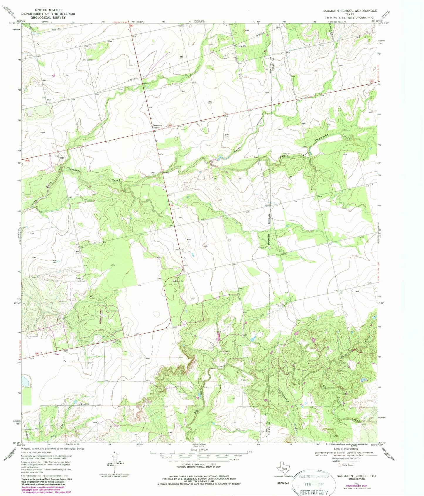 Classic USGS Baumann School Texas 7.5'x7.5' Topo Map Image