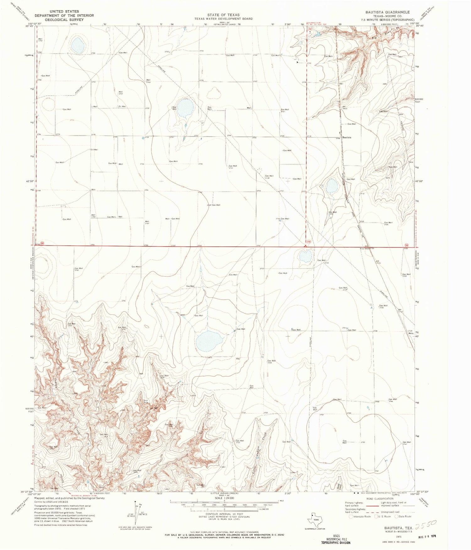 Classic USGS Bautista Texas 7.5'x7.5' Topo Map Image