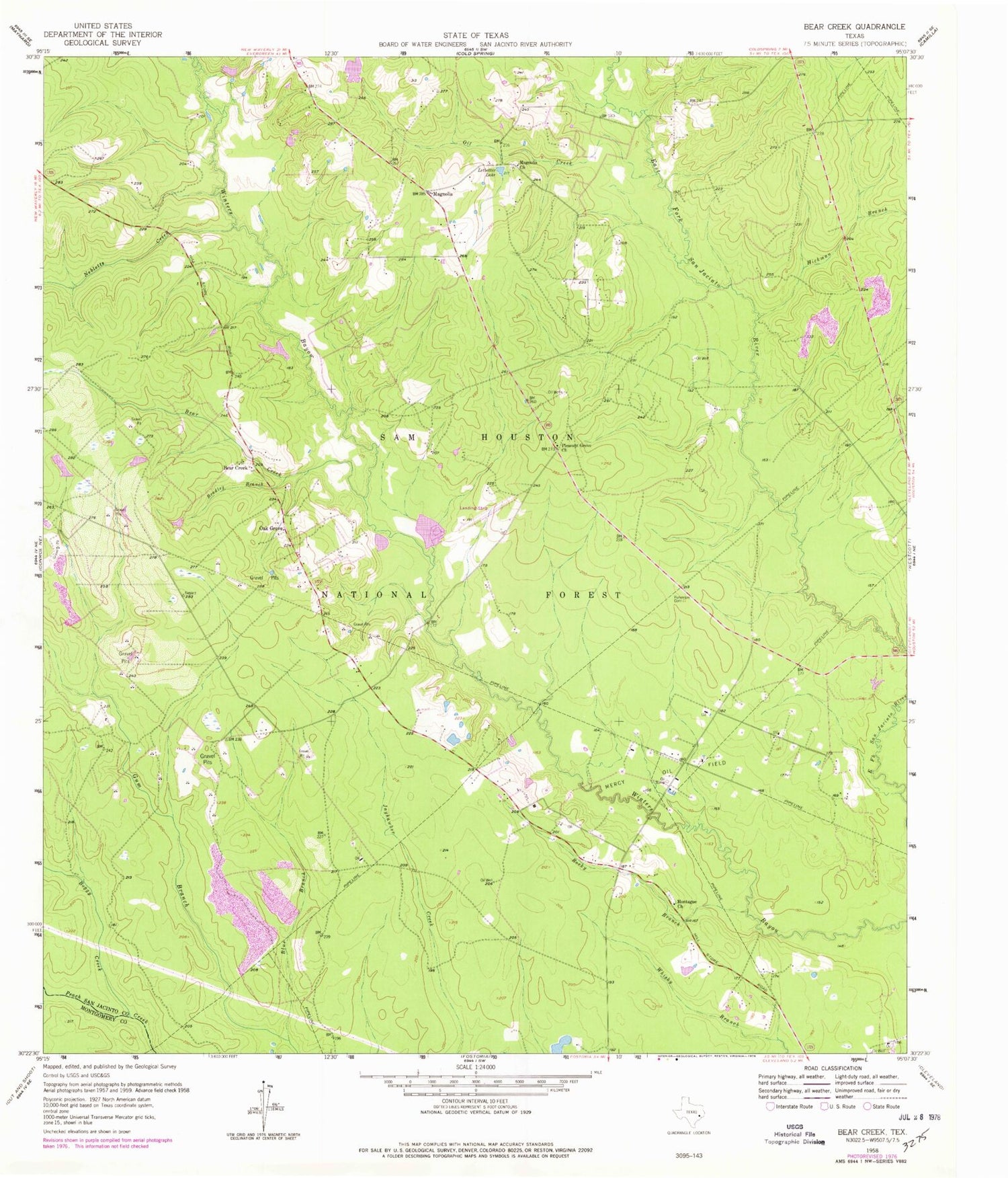 Classic USGS Bear Creek Texas 7.5'x7.5' Topo Map Image