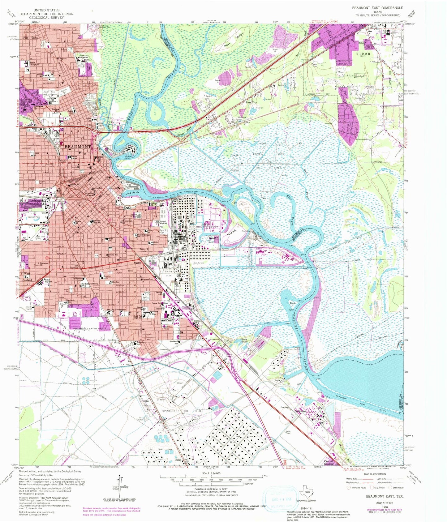 Classic USGS Beaumont East Texas 7.5'x7.5' Topo Map Image
